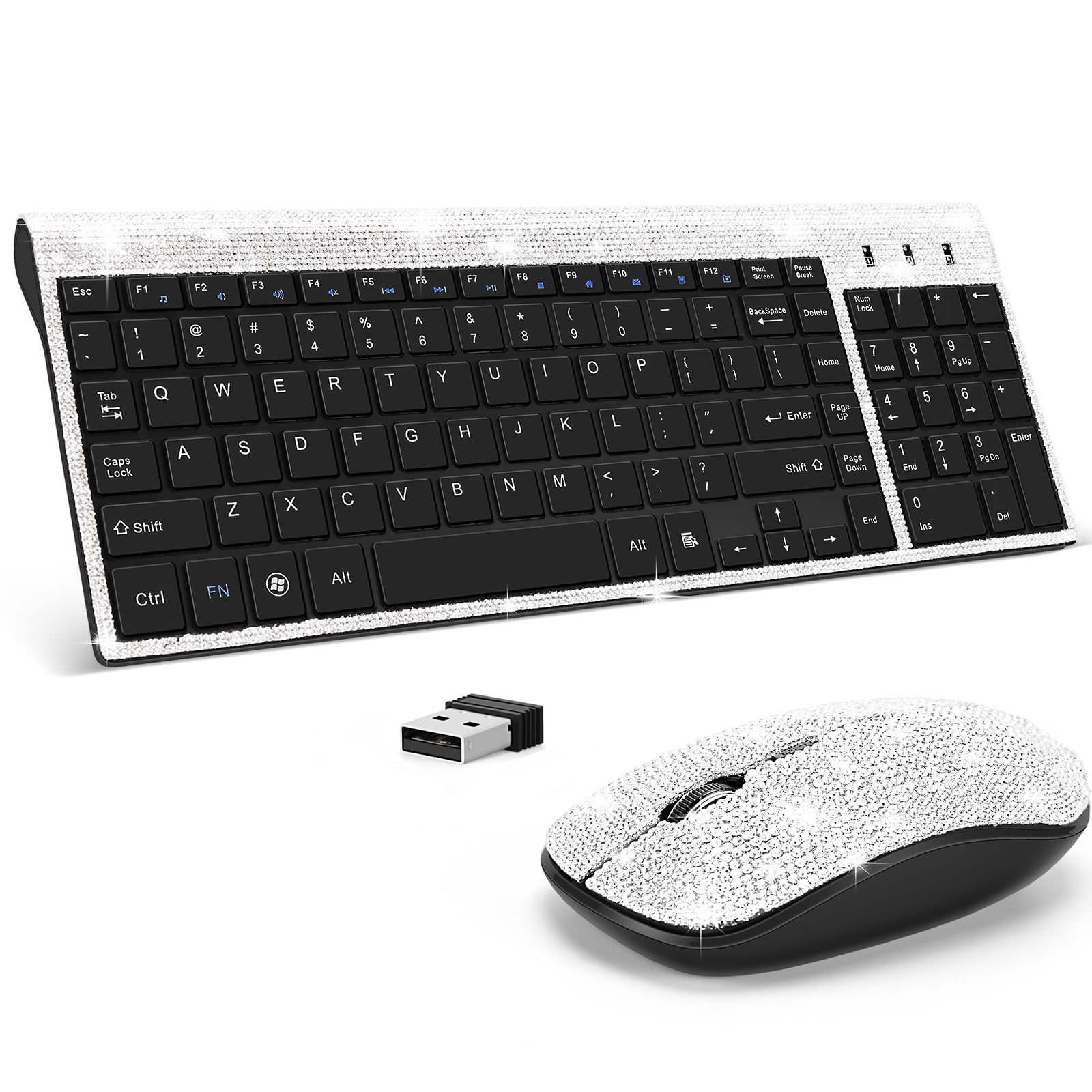 Dazzling Luxury Keyboard And Mouse Wireless, Sparkly Bling Rhinestone Wireless Mouse And Keyboard Gift Set (Silver)