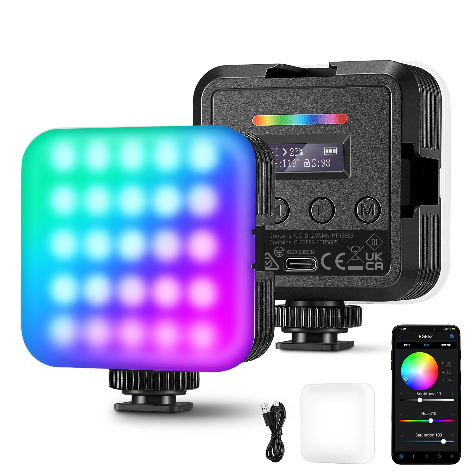 Neewer Rgb62 Magnetic Rgb Video Light With Upgraded App Control, 360 Full Color Led Camera Light With 3 Cold Shoes Cri97+ 2500K 