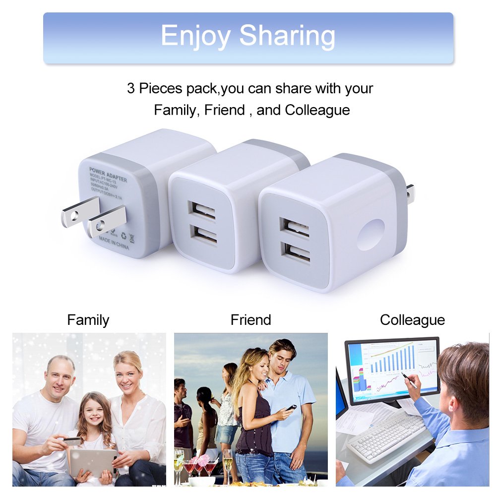 Usb Wall Charger, Charging Adapter 3Pack 2.1A Dual Port Usb Wall Charging Plug Block Head Box Travel Charger Cube Compatible Pho