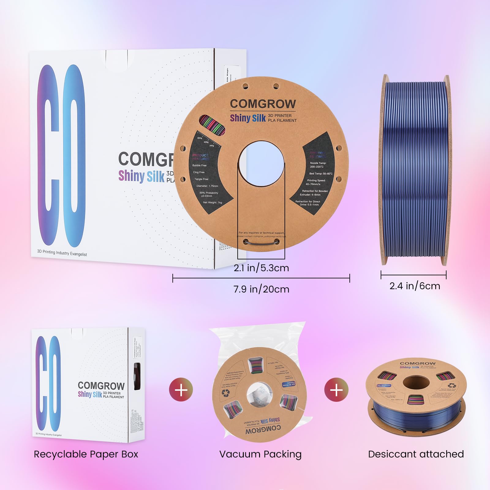 Comgrow Rainbow Colors Silk Pla 3D Printer Filament, Rainbow Pla Filament 1.75Mm, Dimensional Accuracy +/  0.02 Mm, 1Kg Spool, C