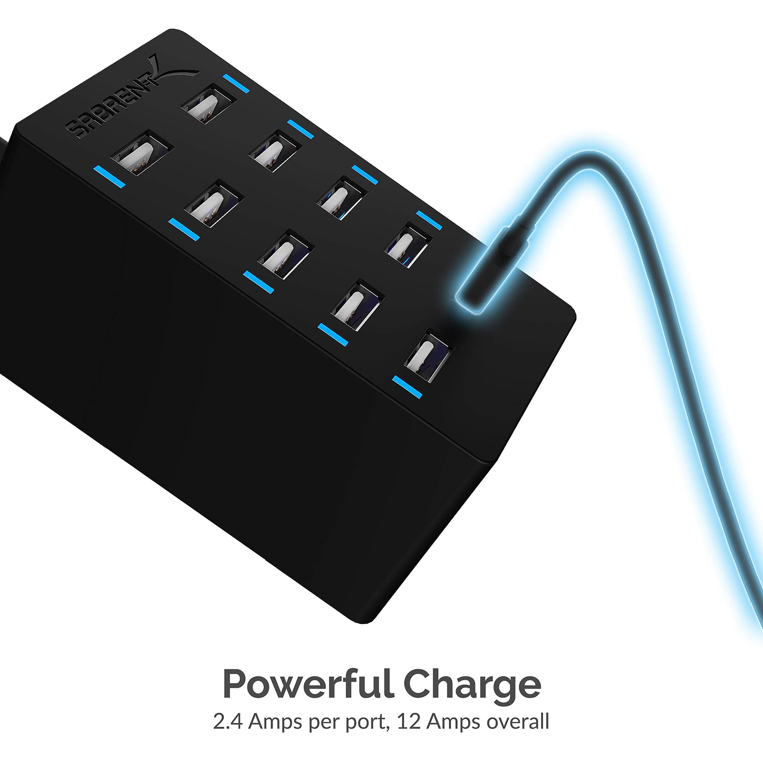 Sabrent 60 Watt (12 Amp) 10-Port [Ul Certified] Family-Sized Desktop Usb Rapid Charger. Smart Usb Ports With Auto Detect Technol