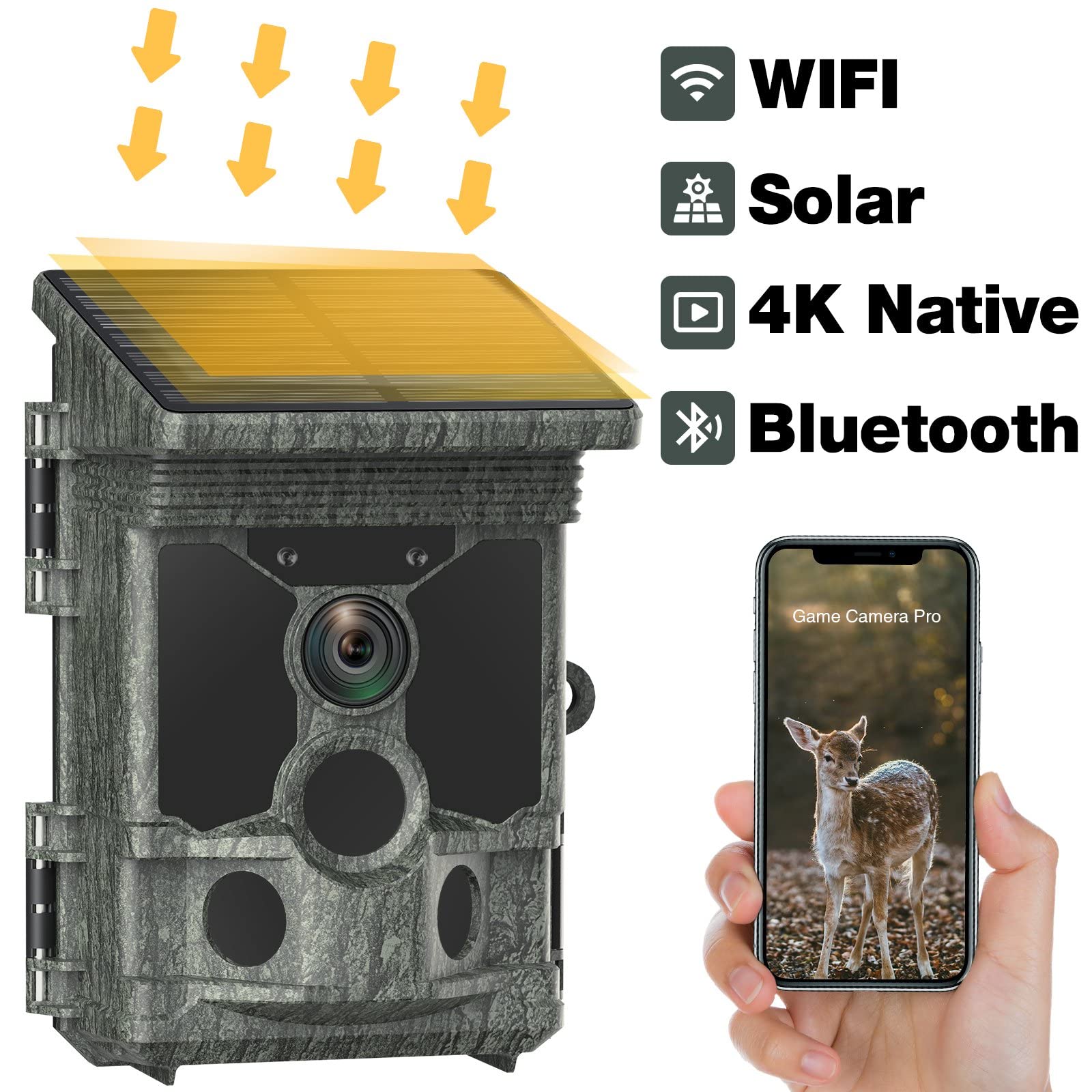 Qwaa Solar Trail Camera 36Mp 4K 30Fps, Bluetooth Wifi Trail Camera 0.1S Trigger Time With 120 Detection Angle Night Vision Motio