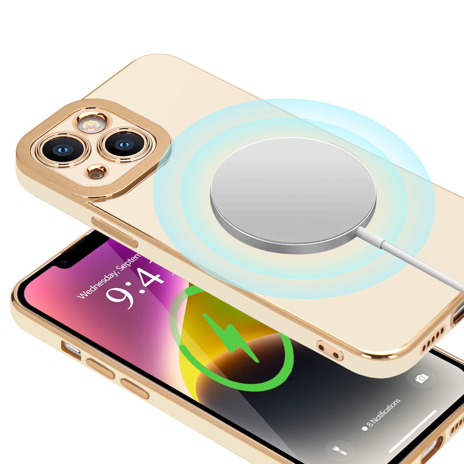 Lafunda For Iphone 14 Case Cute, Women Girls Aesthetic Bling Full Camera Lens Protection Cover,Luxury Electroplated Plating Sili