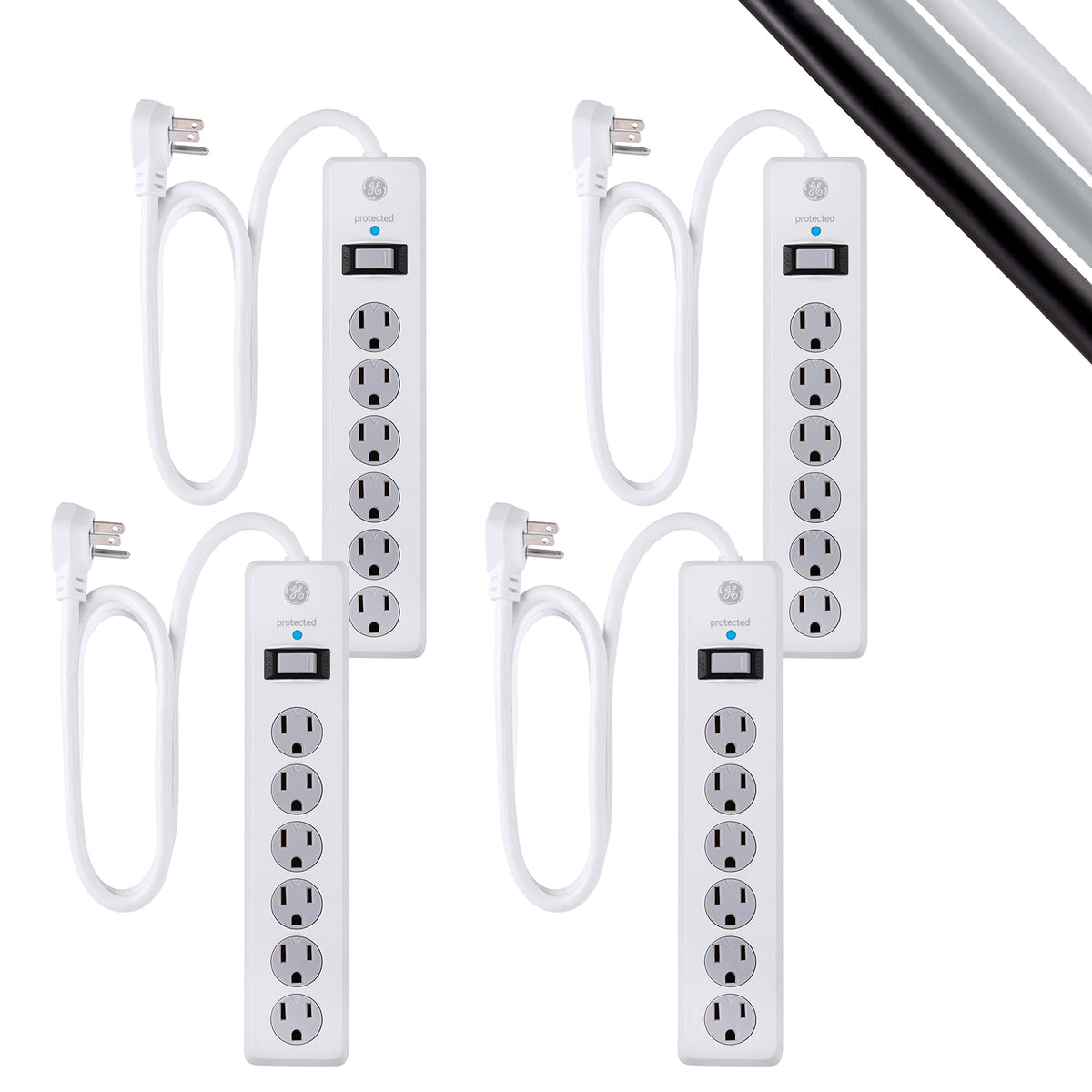 Ge 6-Outlet Surge Protector, 4 Pack, 3 Ft Extension Cord, Power Strip, 800 Joules, Flat Plug, Twist-To-Close Safety Covers, Prot