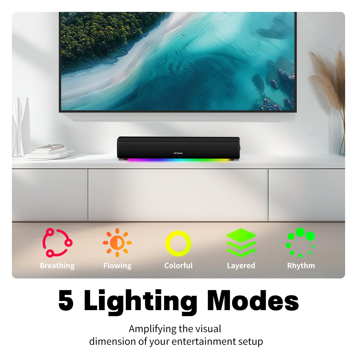 Rythflo 16" Sound Bar for Smart TV, 60W, Metal, Black, Model SK300 Li, Bluetooth/Optical/AUX, Wall Mountable, Impactful Bass