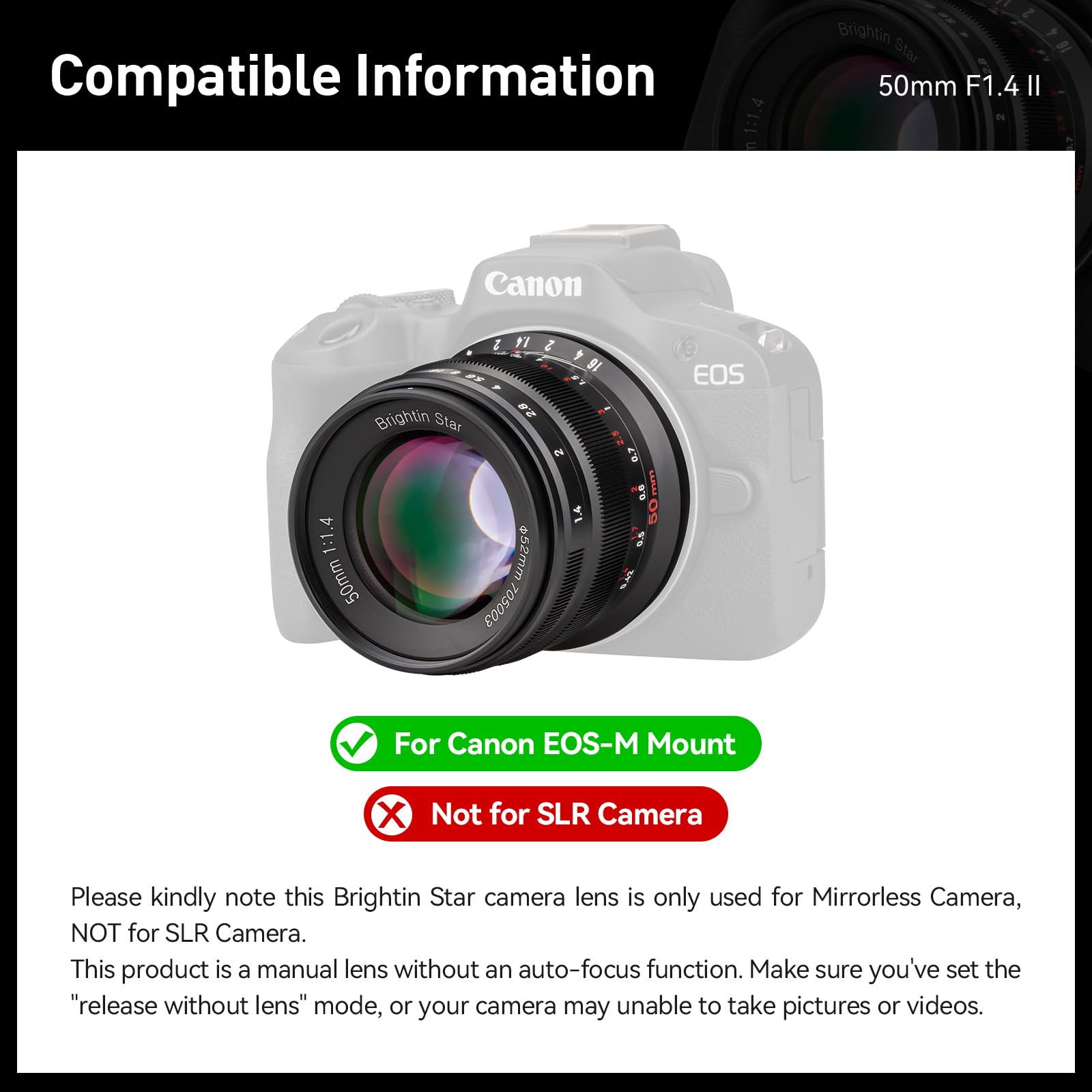 Brightin Star 50Mm F1.4 Big Aperture Aps C Manual Focus Mirrorless Camera Lens, Fit For Canon Eos M Mount M, M2, M3, M5, M6, M10