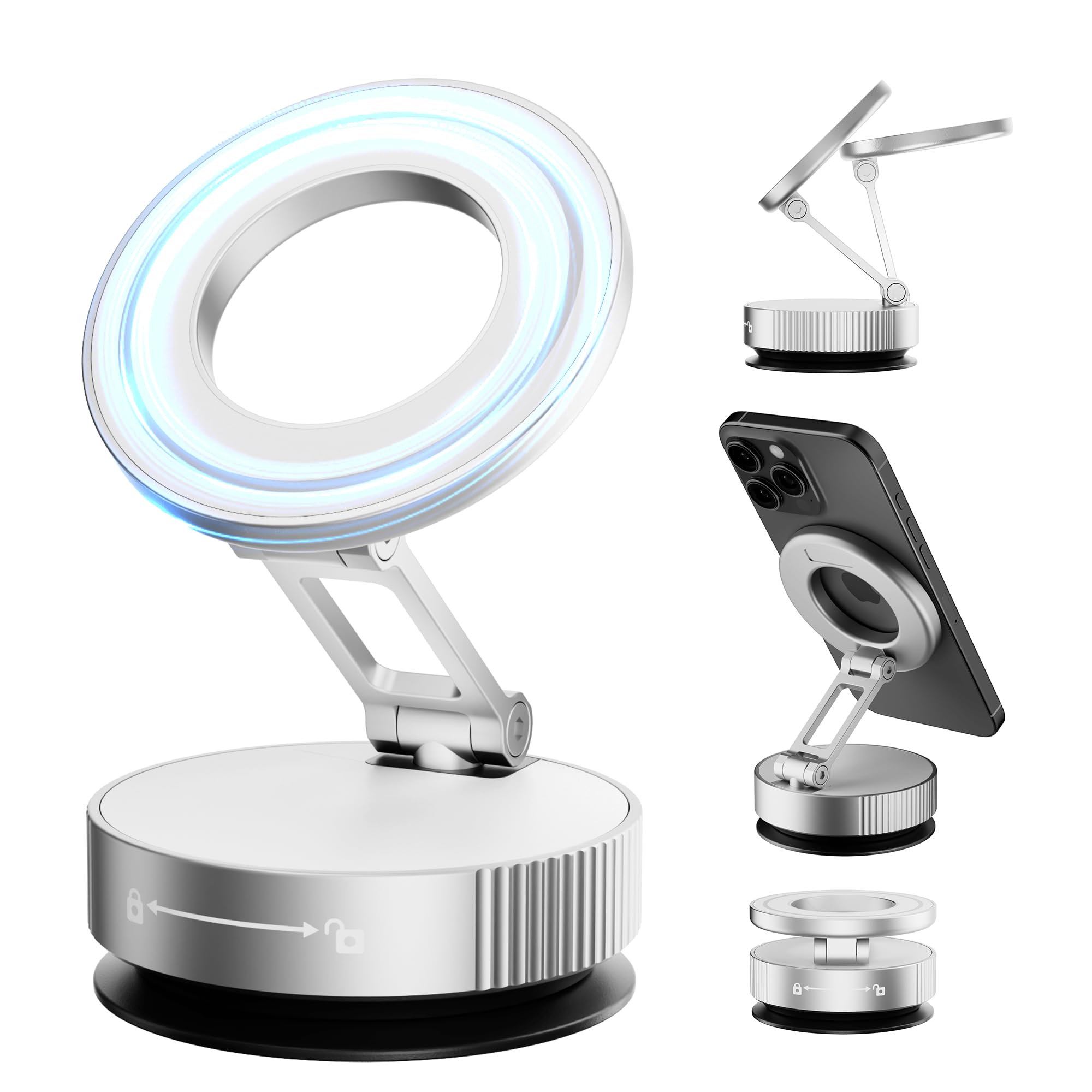 Vacuum Magnetic Phone Holder For Magsafe,Foldable Metal Suction Cup Phone Mount,360 Rotatable Phone Mount For All Smartphones & 
