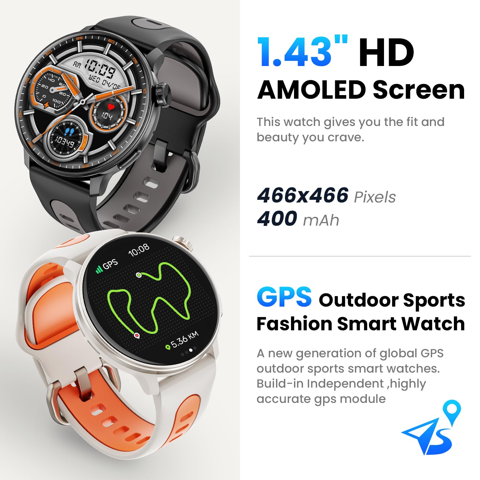 Smart Watch For Men Women Gps, 1.43'' Amoled Smartwatch With Compass/Barometer/Altimeter 100+ Sports Fitness Tracker With Health