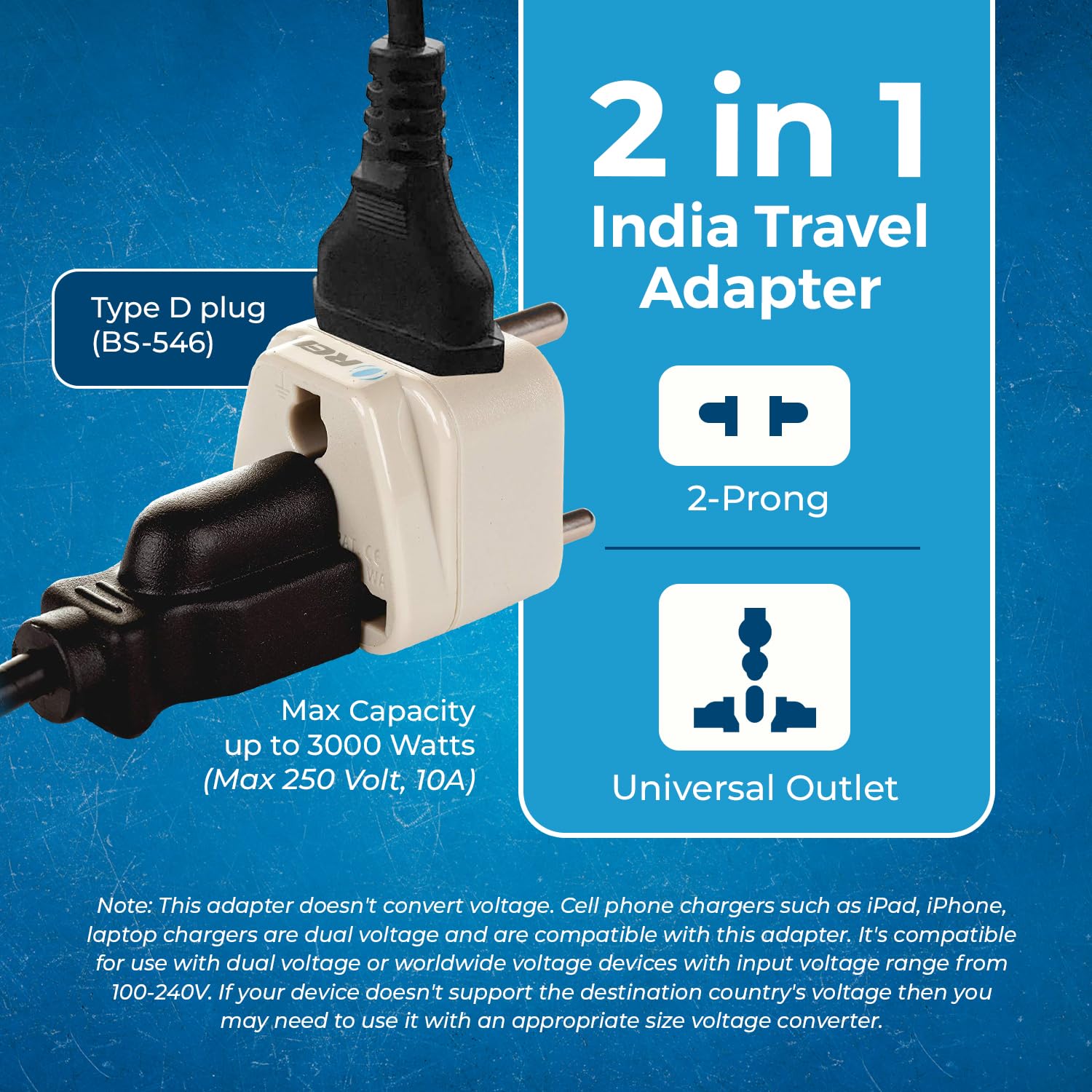 Orei Usa To India Plug Adapter   Type D Plug Adapter   2 In 1   Ce Certified   Rohs Compliant   Beige (Db 10)