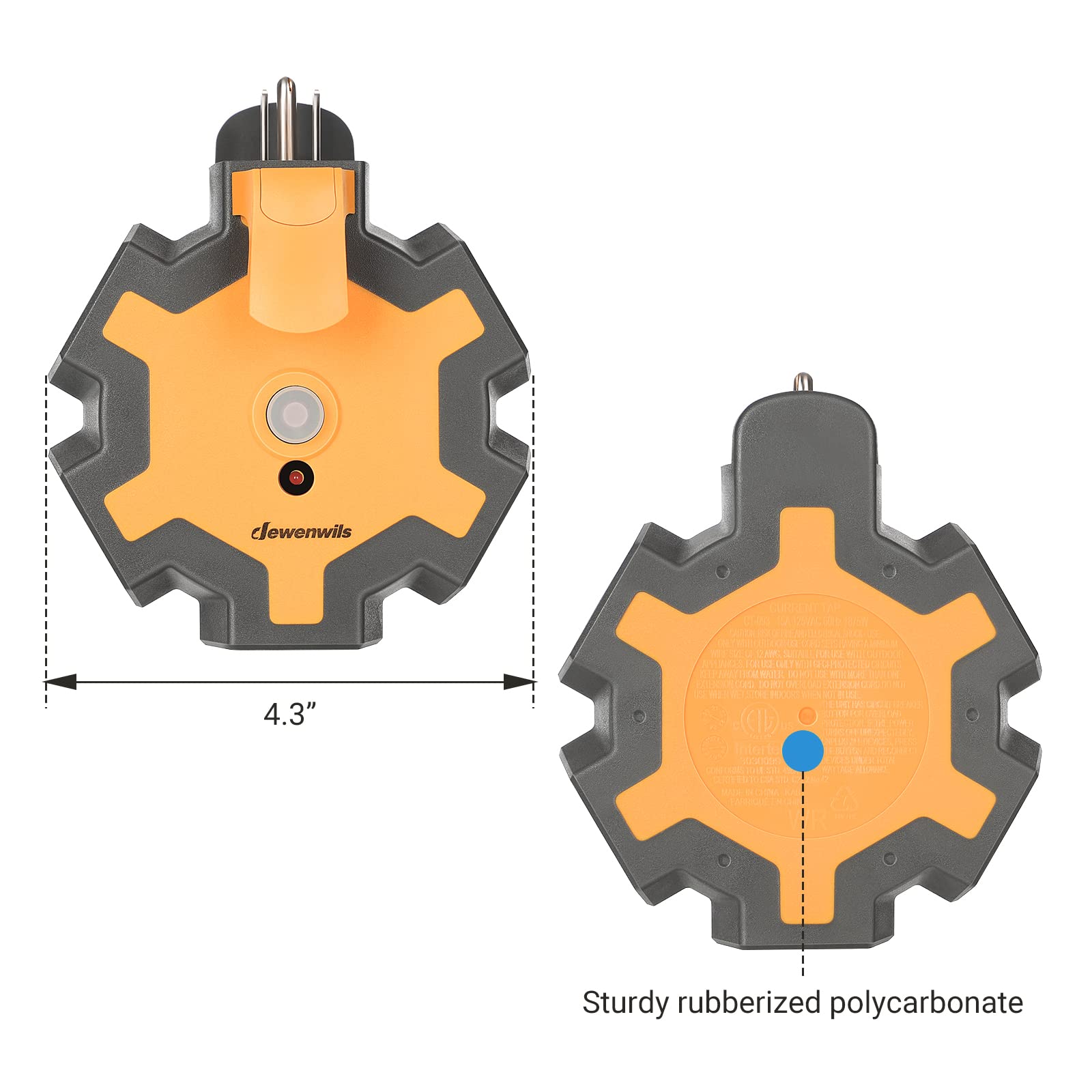 Dewenwils Outdoor Extension Cord Power Adapter, Heavy Duty 5 Outlet Power Hub With Swivel Safety Covers, Widely Spaced Power Out