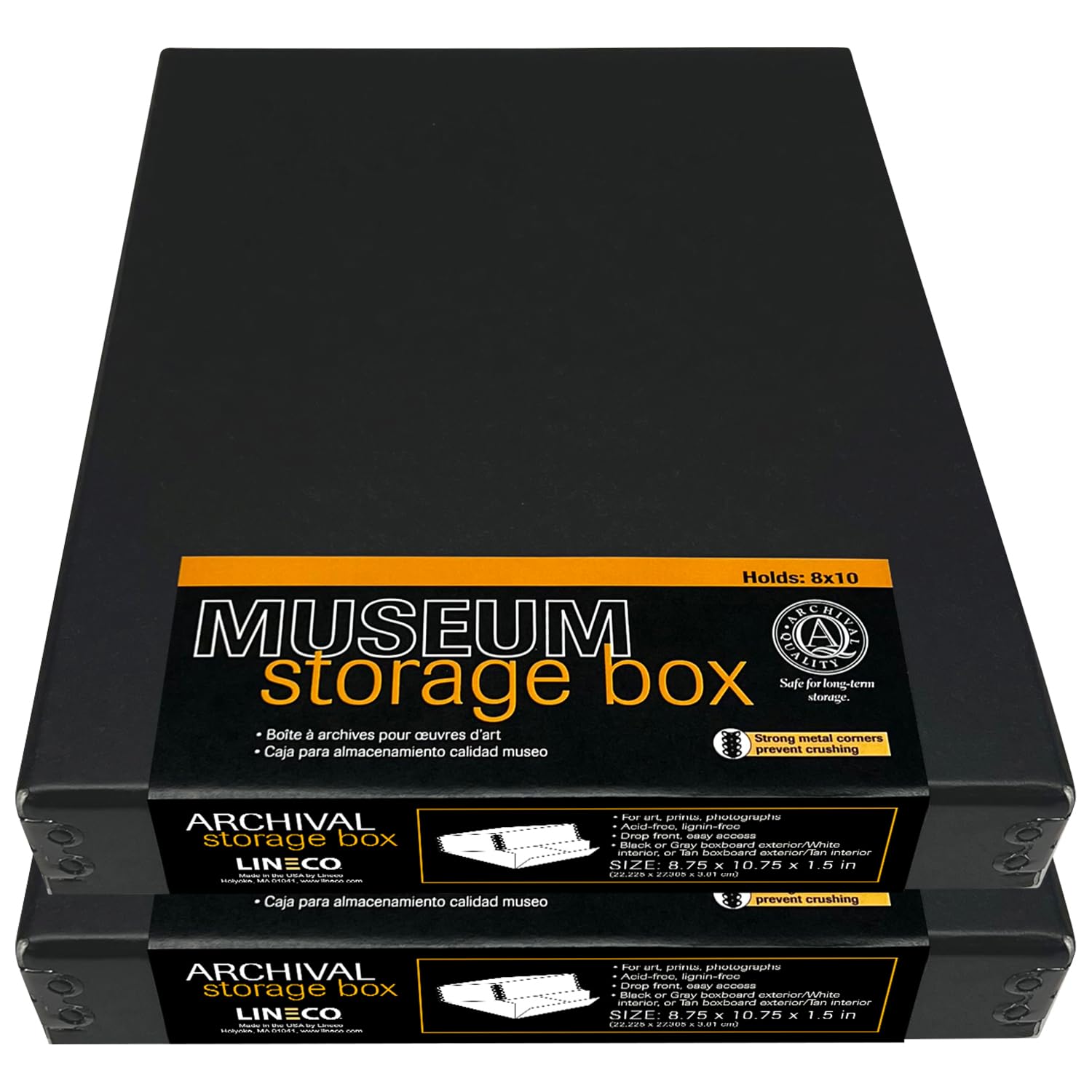 Lineco Museum Storage Box Black, 8'X10'X1.5', Archival Boxboard, Drop Front Design With Metal Edge. Organize And Preserve Photographs, Prints, Documents, Art, Ephemera, Family Records, Pack Of 2