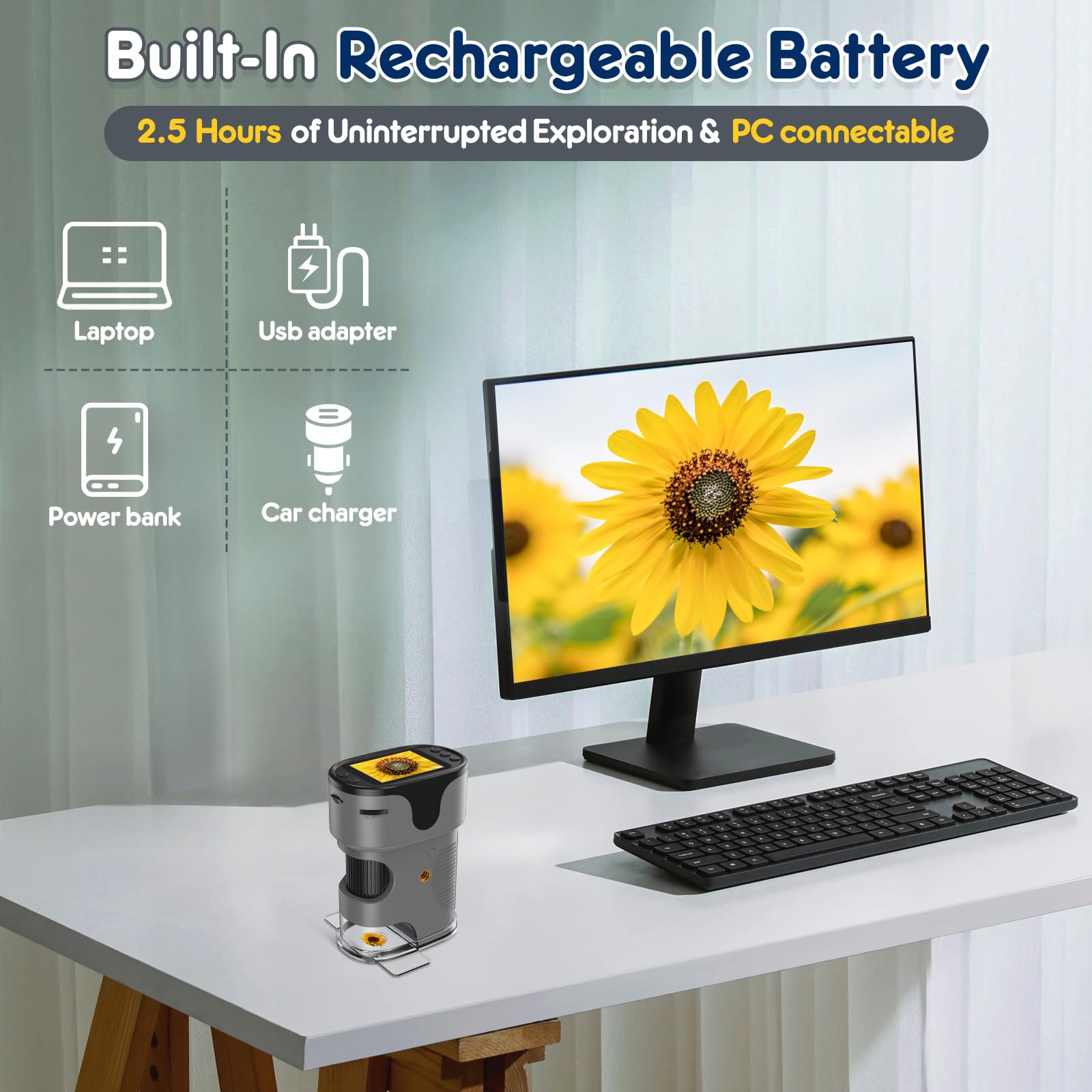 1000X Handheld Microscope For Kids 4K 2.0'' Screen Rechargeable Mini Pocket Digital Microscopes W/Slides Kit Portable Edu Gift A