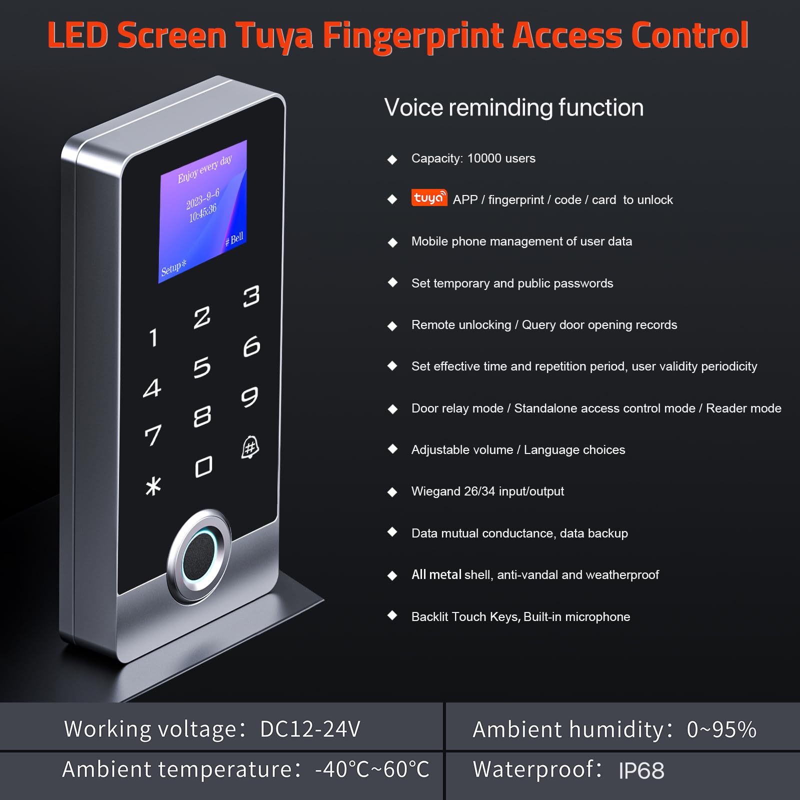 Wireless Wifi Tuya Access Control System With Led Screen/Voice, Fingerprint Password Stand Alone Door Access Control Keypad, Wg26/34 Em Card Reader Access Controller, Full Metal Weatherproof