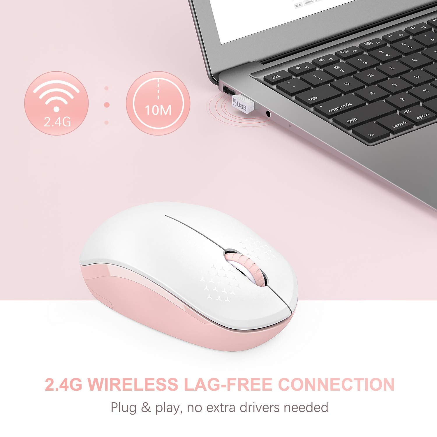 Seenda Wireless Mouse, 2.4G Noiseless Mouse With Usb Receiver Portable Computer Mice For Pc, Tablet, Laptop, Notebook   Pink & W