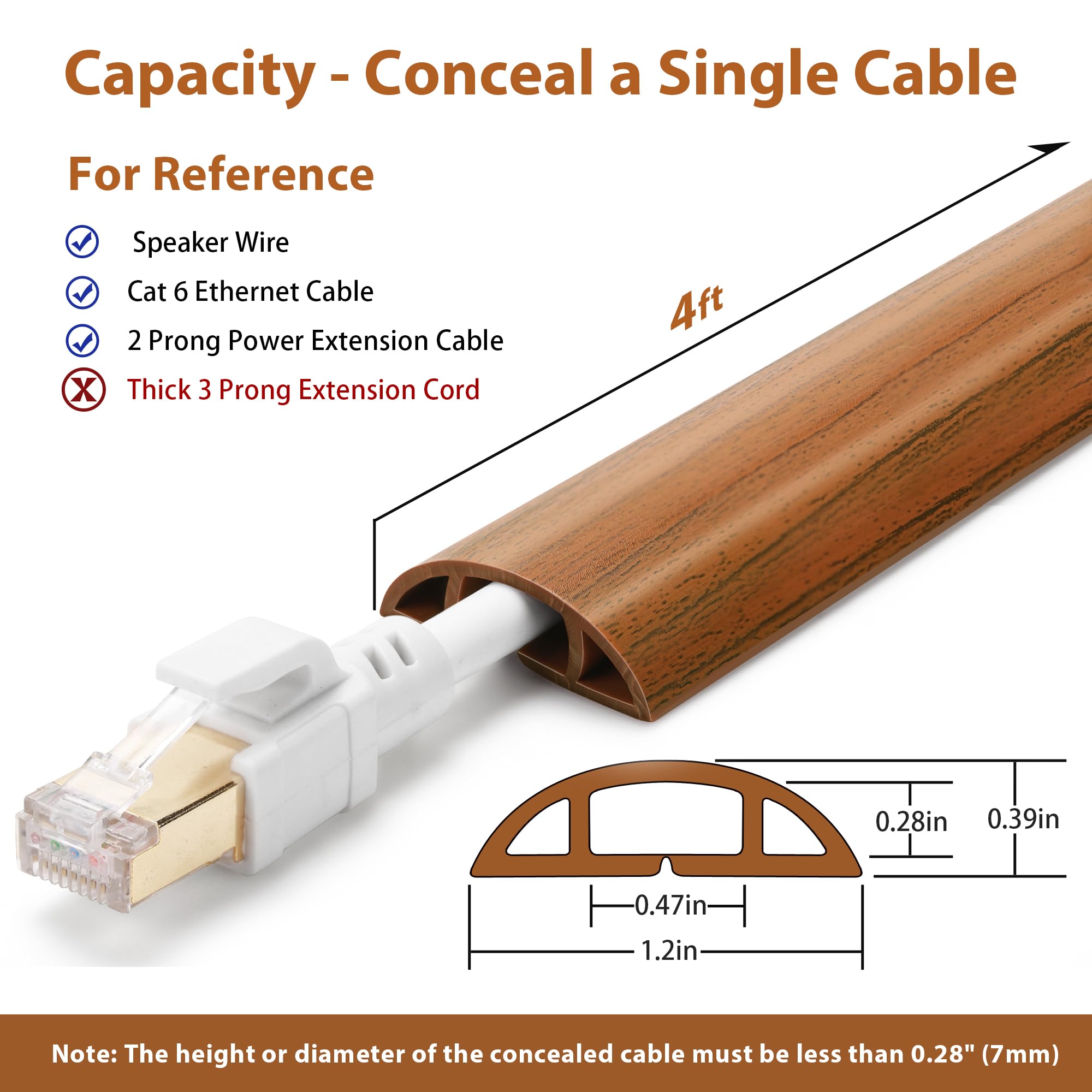 ZhiYo Floor Cord Cover Cable Hider for Single Cord - Walnut Wood PVC 4ft (Inner W0.47"xH0.28")