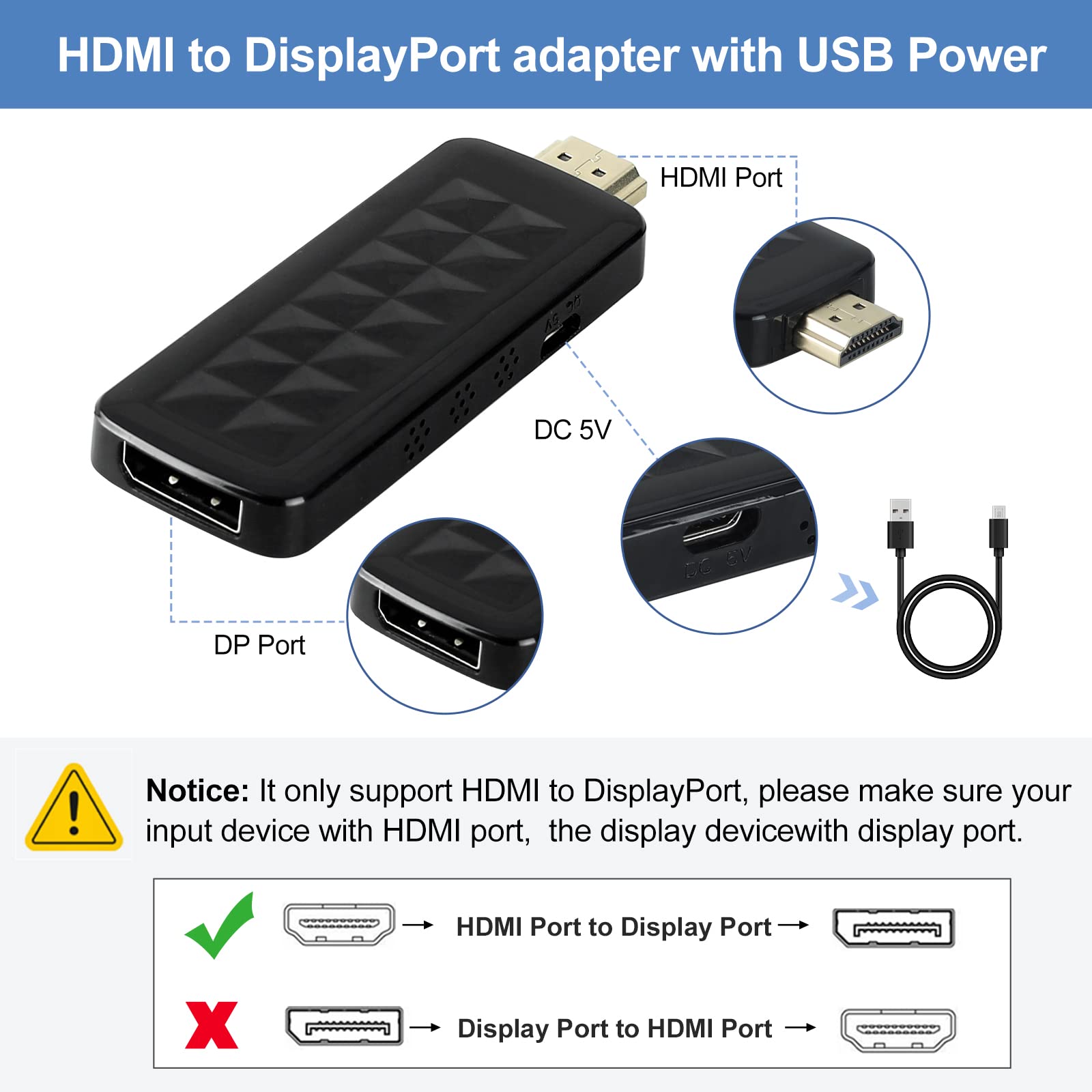 Hdmi To Displayport, Ferissa Hdmi To Displayport Cable Adapter, Hdmi Male To Dp Female With Usb Power, Support 4K@60Hz,1080P@144
