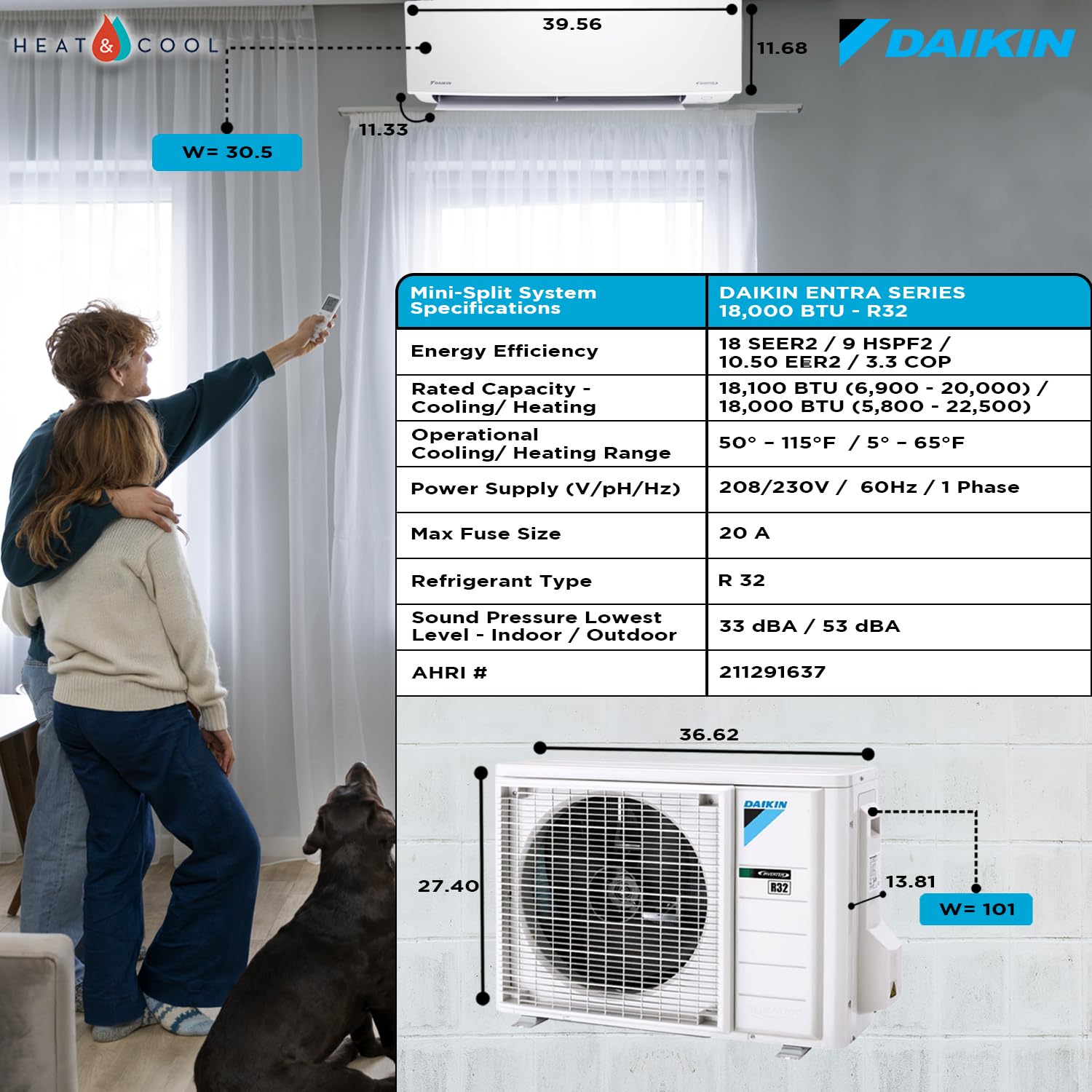 Daikin 18,000 Btu 18 Seer2 Entra R32 Series Ductless Mini Split Heat Pump System W/Wall Mounting Bracket (230V), White, Rxc18+Ft