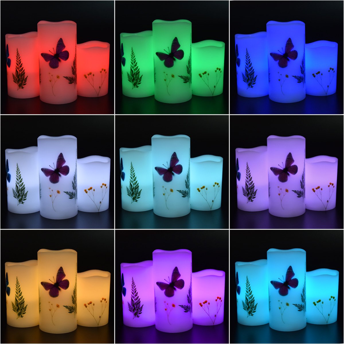 Candles Set Of 3 Flameless 4'' 5'' 6'' Unscented Tealight Butterfly Flower Plants Decor Real Wax Pillar Candle Led Lights 12 Col
