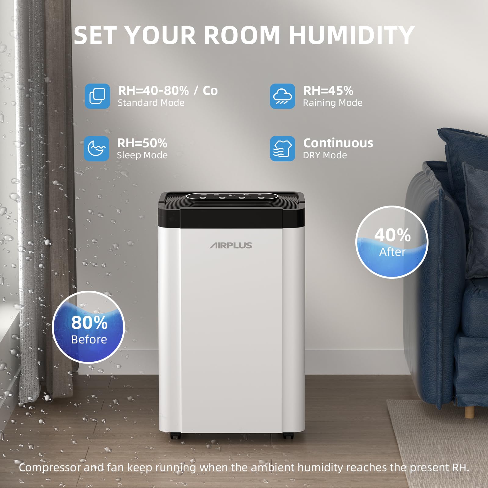 Airplus 4,500 Sq. Ft. 50 70 Pints Dehumidifier For Home And Basement With Drain Hose, 0.8 Gal Water Tank Capacity, Auto Shut Off