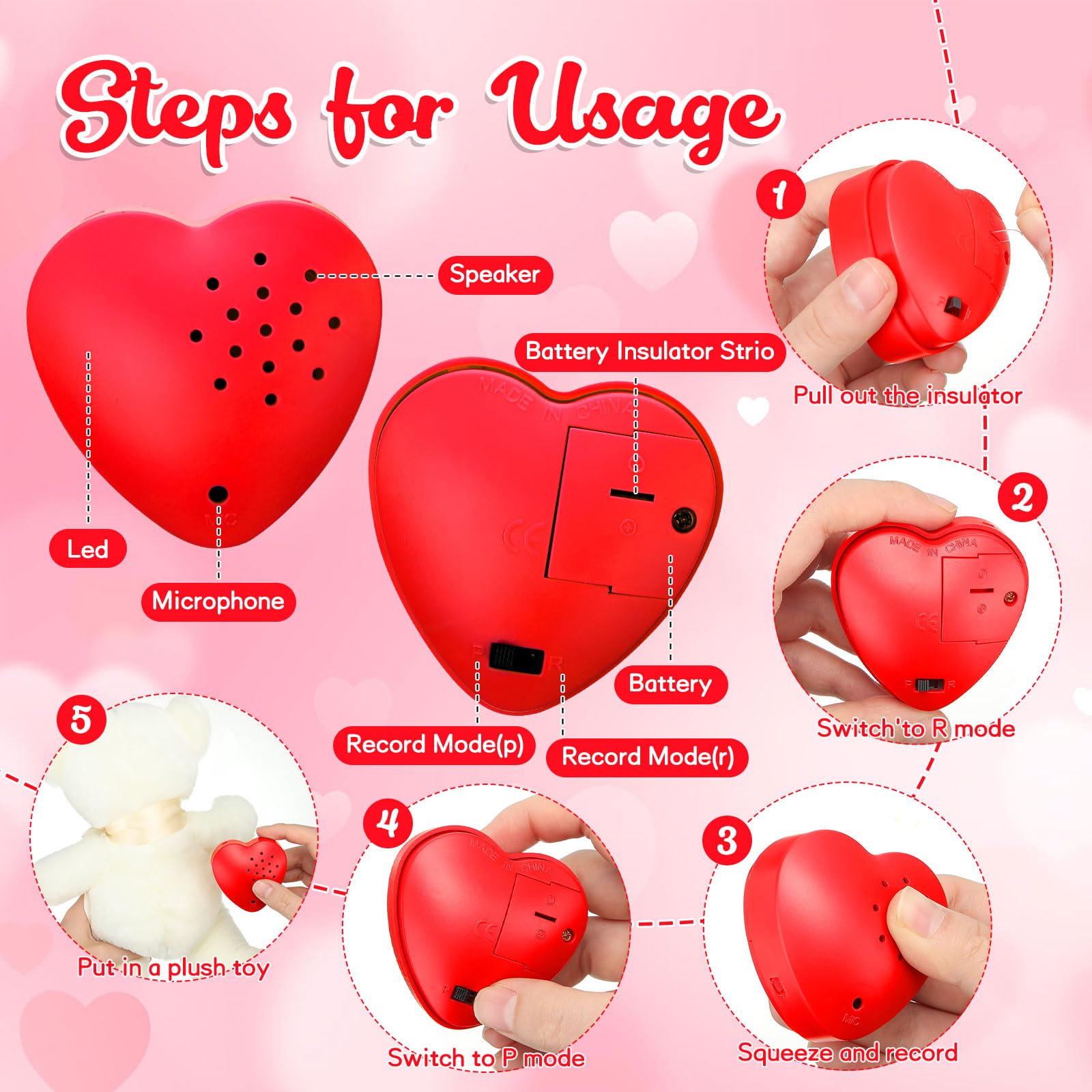 Copkim 6 Pcs 20 Second Heart Shape Voice Recorder Push Button Sound Module for Stuffed Animals ABS