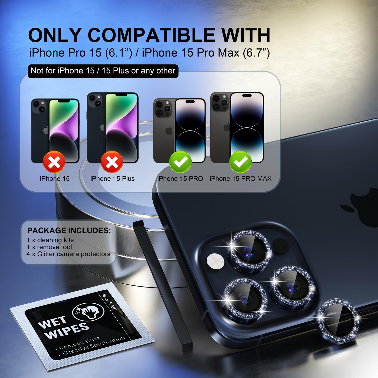 Choiche Compatible For Iphone 15 Pro/Iphone 15 Pro Max Camera Lens Protector Bling, 9H Tempered Glass Camera Cover Screen Protec