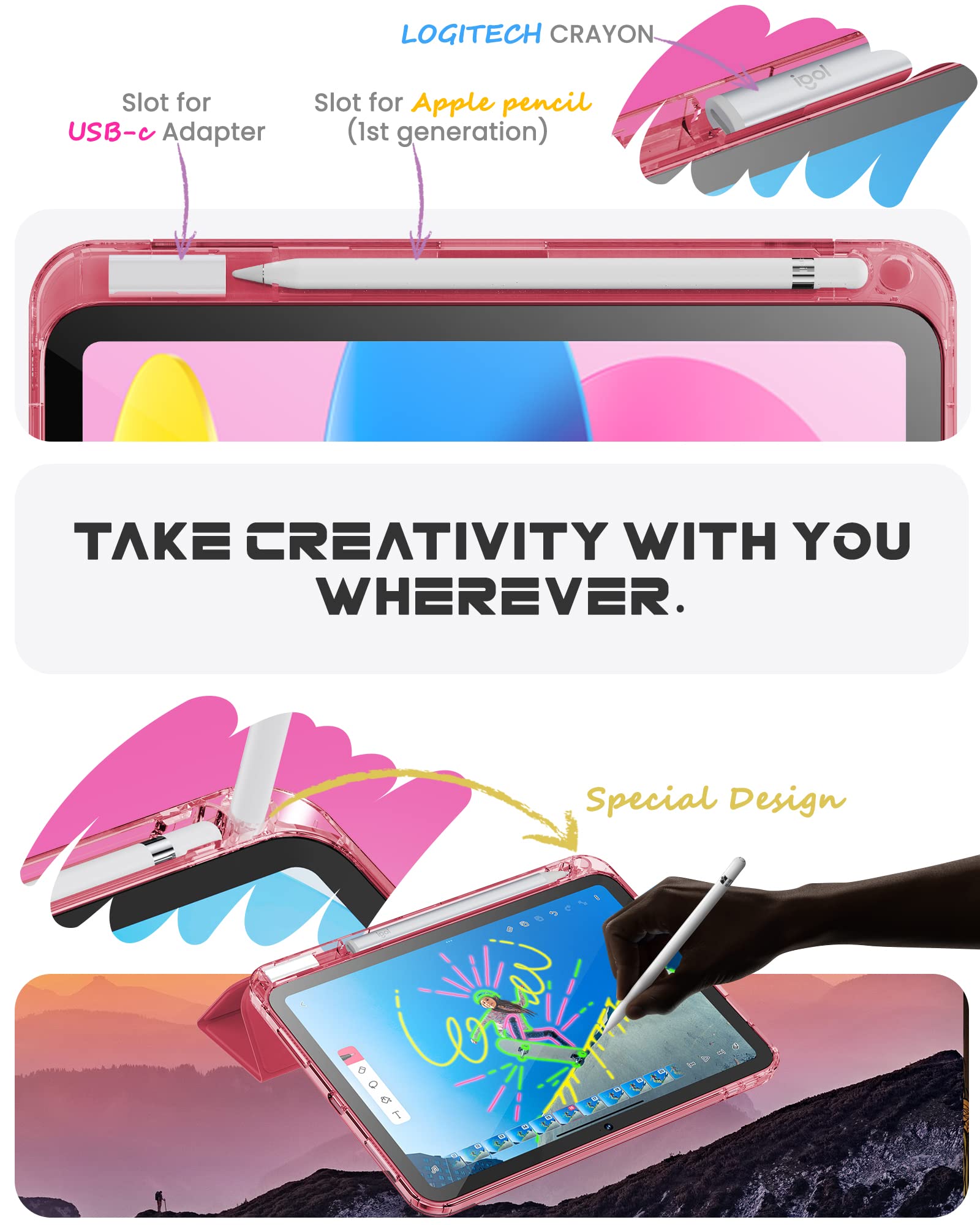 Infiland Compatible With Ipad (A16) 11Th Generation 11 Inch 2025 Case, Ipad 10Th Generation Case 2022 10.9 Inch 2022, Crystal Clear With Slot For Pencil & Charging Adapter, Rose Pink