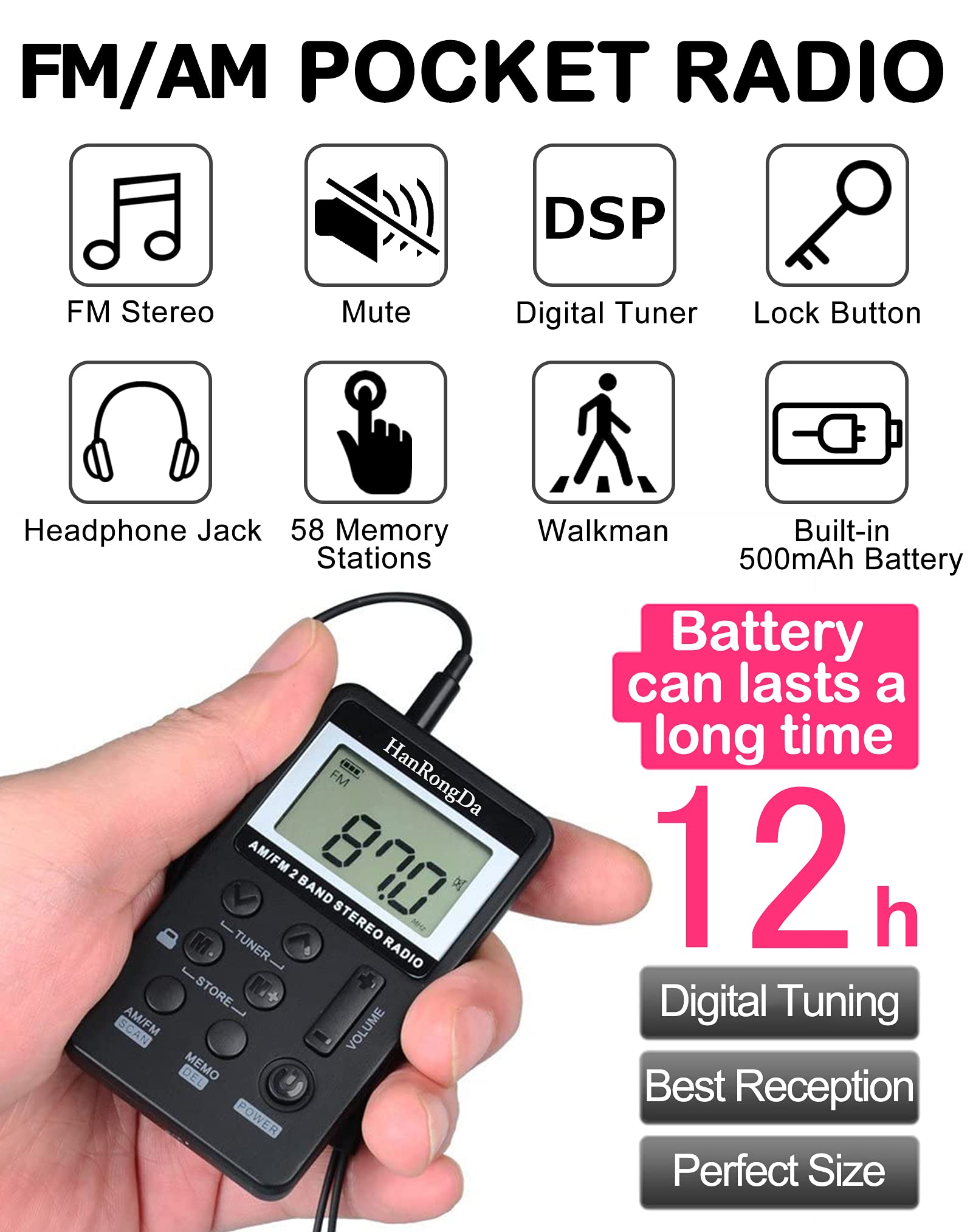 Hanrongda Portable Radio Am/Fm Walkman With Excellent Reception And Stereo Sound, Pocket Radios With 58 Preset Stations, Built I