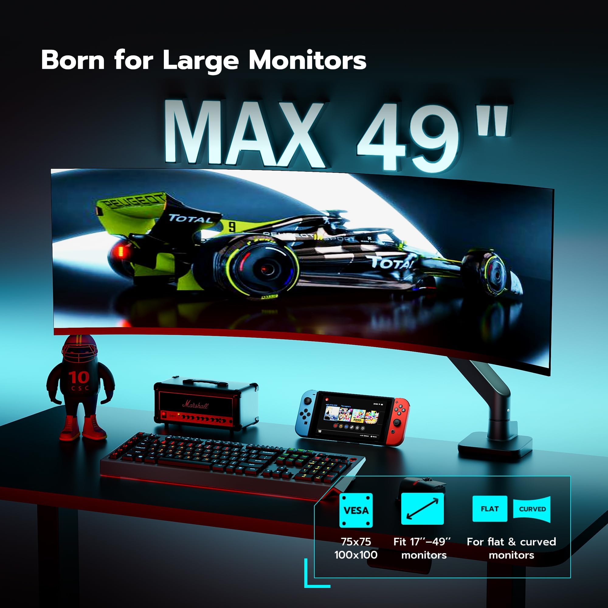 Ares Wing Ultrawide Monitor Arm For 17 To 49 Inch Heavy Duty Curved Monitor, Holds 44 Lbs, Adjustable Gas Spring Monitor Arm Des