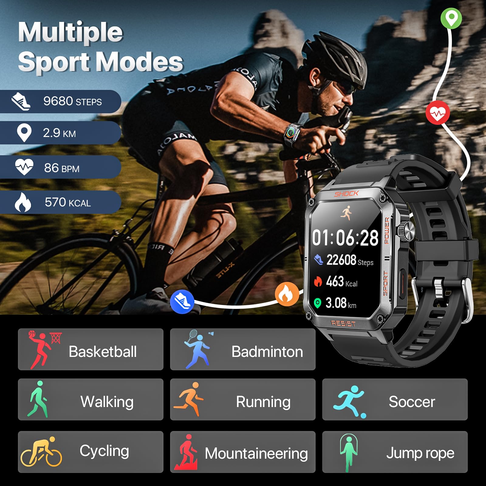 Walkerfit Running Watch With Pedometer, Waterproof Military Smart Watches For Men Call/Answer And Heart Rate Monitor, Multi Spor