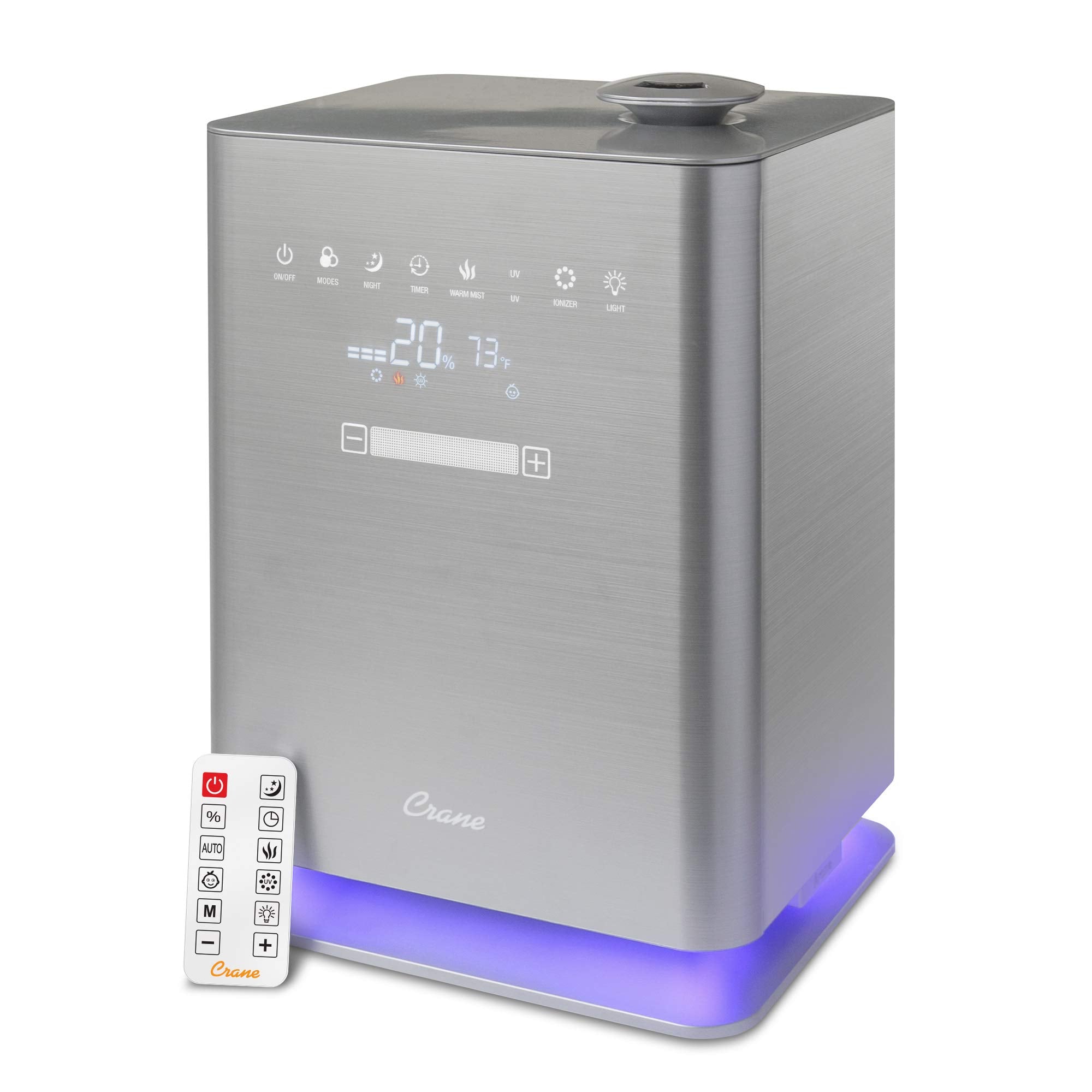 Crane Warm & Cool Mist Top Fill Humidifier With Remote, 1.2 Gallon, 500 Sq. Ft Coverage, Uv Ionizing Light, Metallic