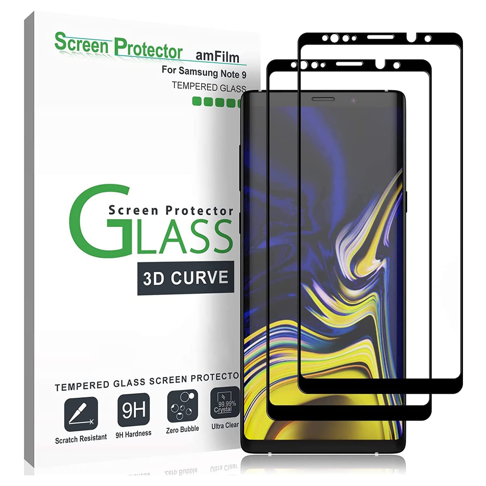Amfilm Screen Protector For Samsung Galaxy Note 9, Full Screen Coverage Screen Protector, 3D Curved Tempered Glass, Dot Matrix W