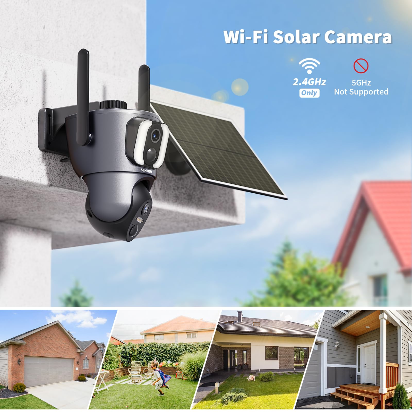 Sehmua Solar Camera Security Outdoor, 2K Dual Cameras For Home Security, 360 View Wi Fi Dual Lens Linkage Security Cameras Wirel