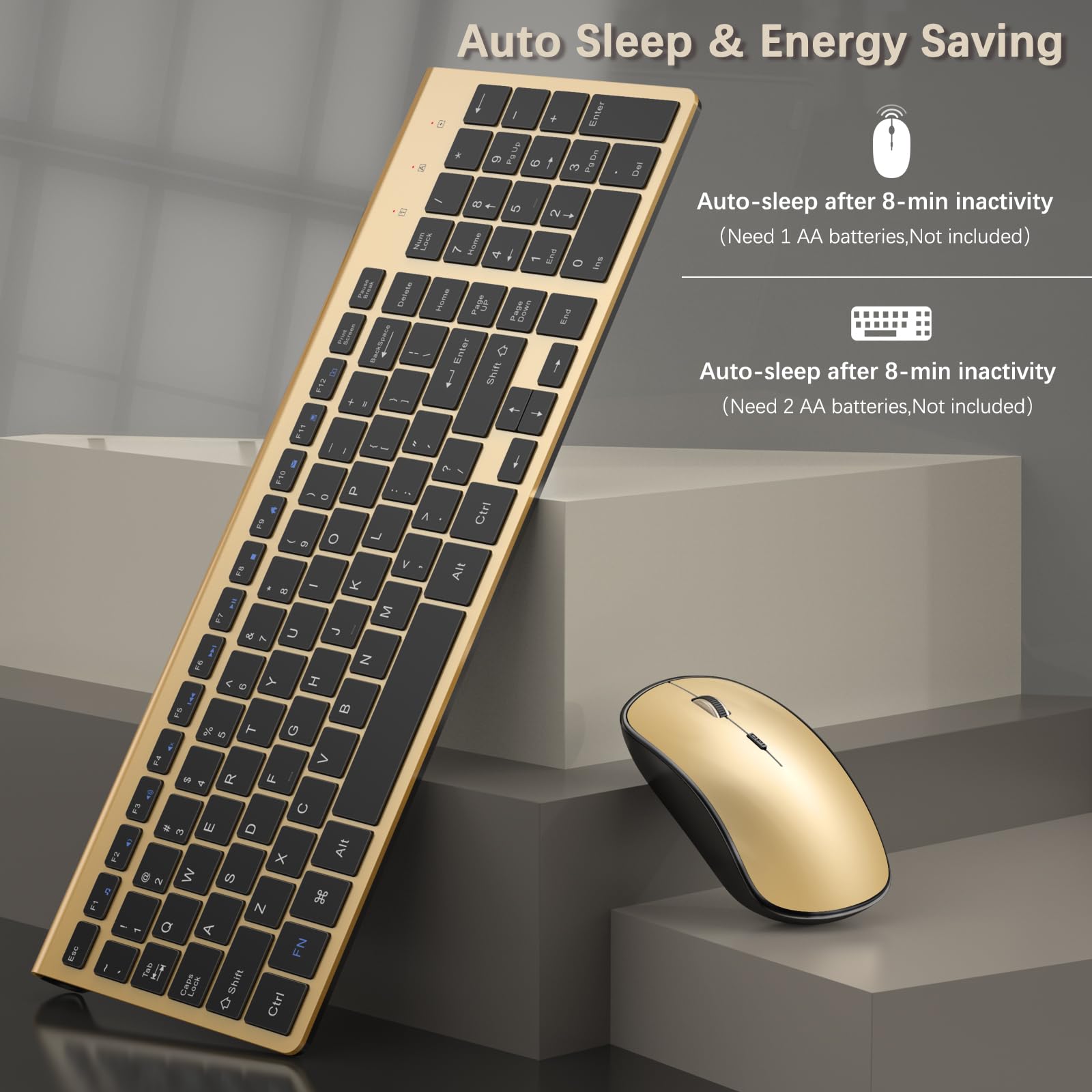 Wireless Keyboard And Mouse Combo, J Joyaccess Slim And Compact Gold Wireless Keyboard And Mouse,Portable And Comfortable Typing