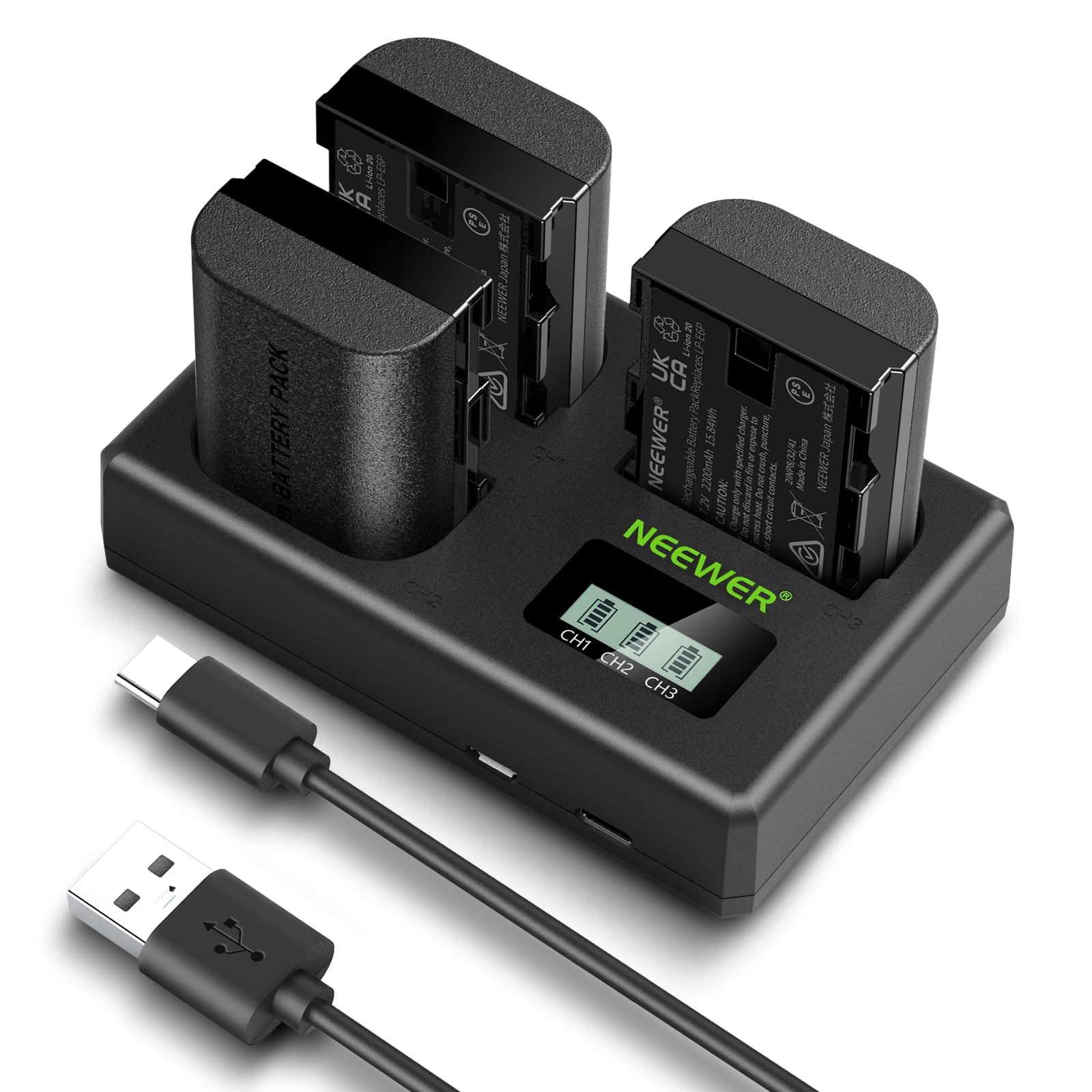 NEEWER Replacement Battery and Charger Set for LP-E6P/LP-E6NH/LP-E6N, 3 Pack 2200mAh Batteries and USB Triple Charger, Compatibl