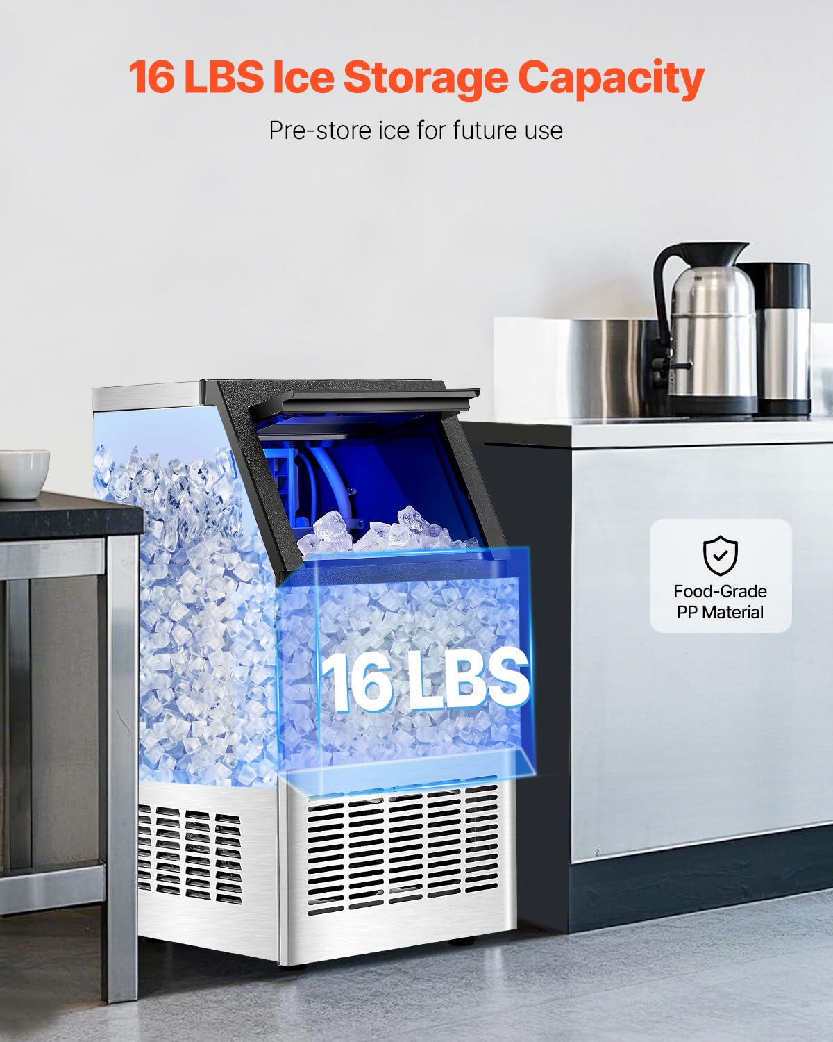 Vevor Commercial Ice Maker Machine, 100Lbs/24H Ice Maker Machine With 16Lbs Storage Capacity, 36 Ice Cubes In 15 Minutes, Led Di