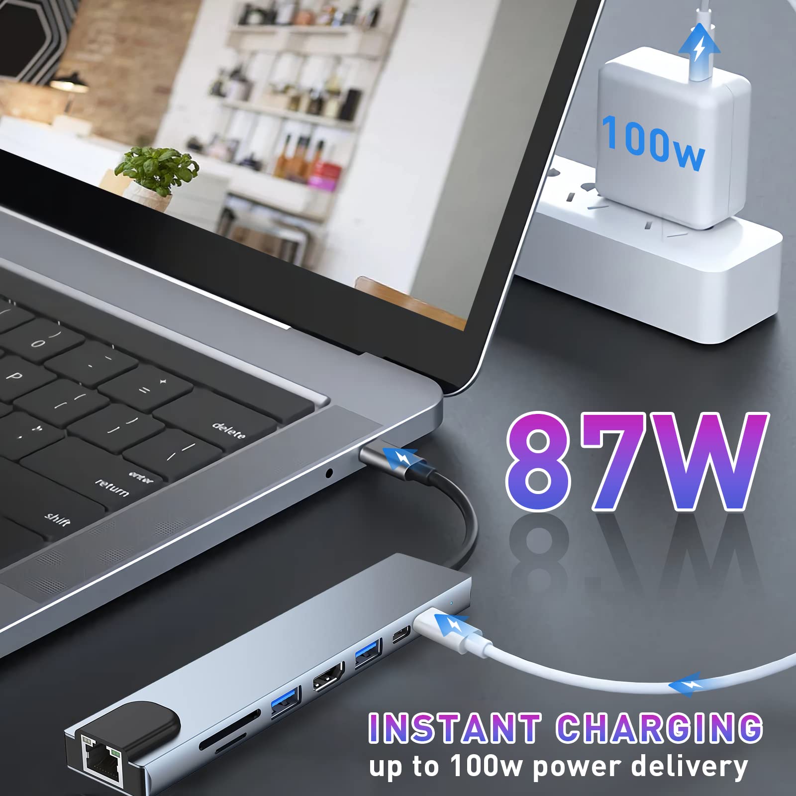 Usb C Hub, 8 In 1 Usb C Adapter With 4K Hdmi, 100W Pd, Usb C Port, Usb 3.0, Rj45 Ethernet, Sd/Tf Card Reader, Docking Station Co