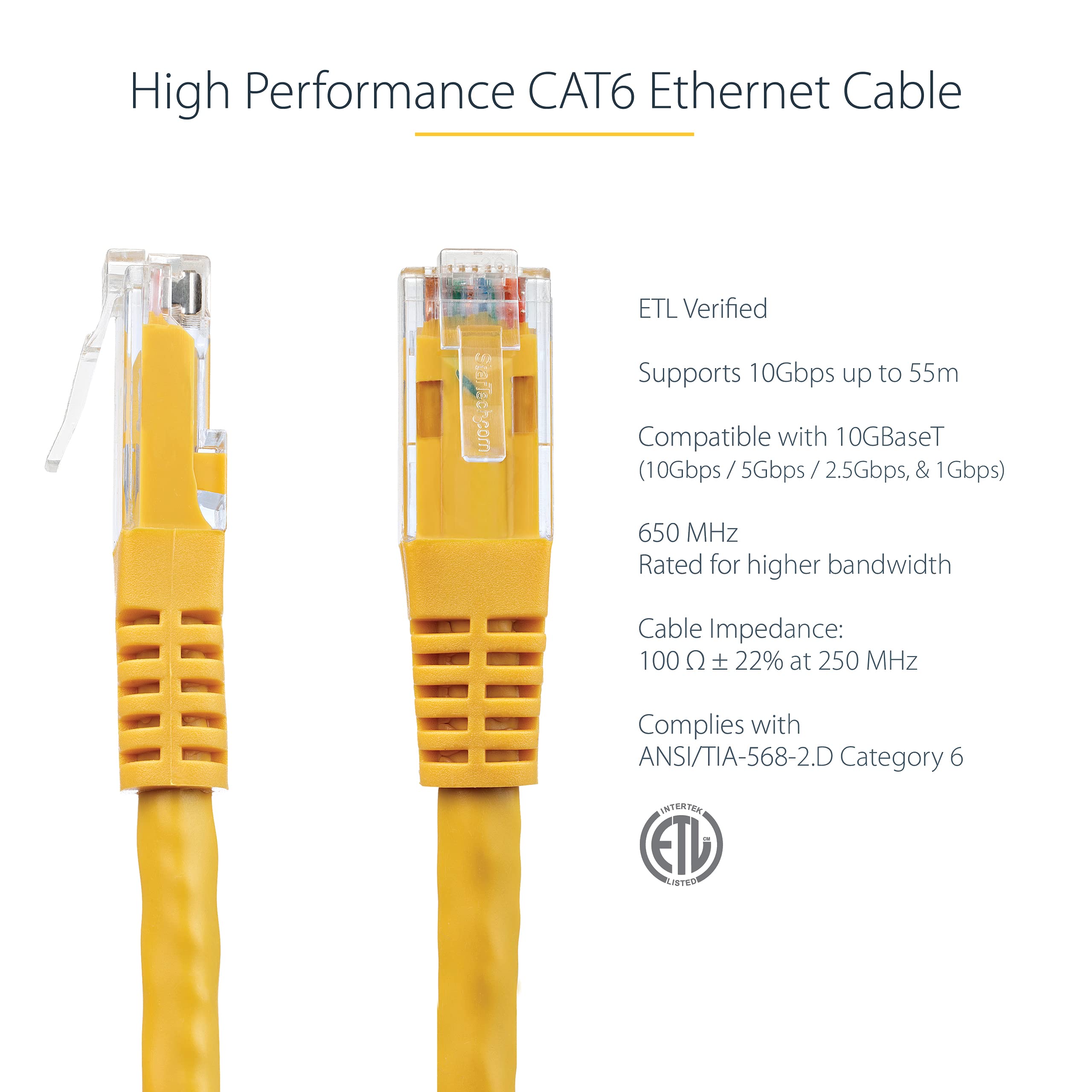 StarTech.com 15ft CAT6 Ethernet Cable   Yellow CAT 6 Gigabit Ethernet Wire  650MHz 100W PoE++ RJ45 UTP Molded Category 6 Network/Patch Cord w/Strain Relief/Fluke Tested UL/TIA Certified (C6PATCH15YL)