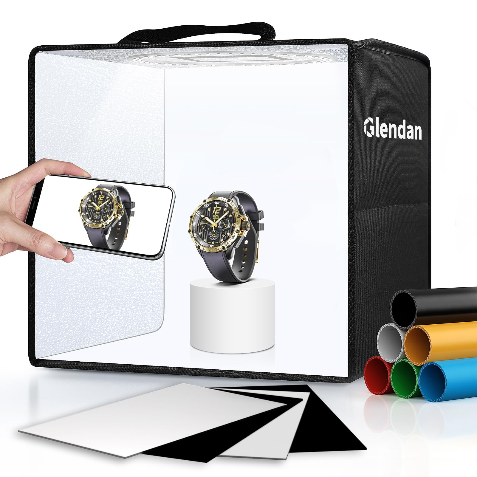 Glendan Light Box Photography, 10''X10'' Photo Box With 88 High Color Rendering Index Led Lights, 6 Color Pvc Backdrops, 4 Refle