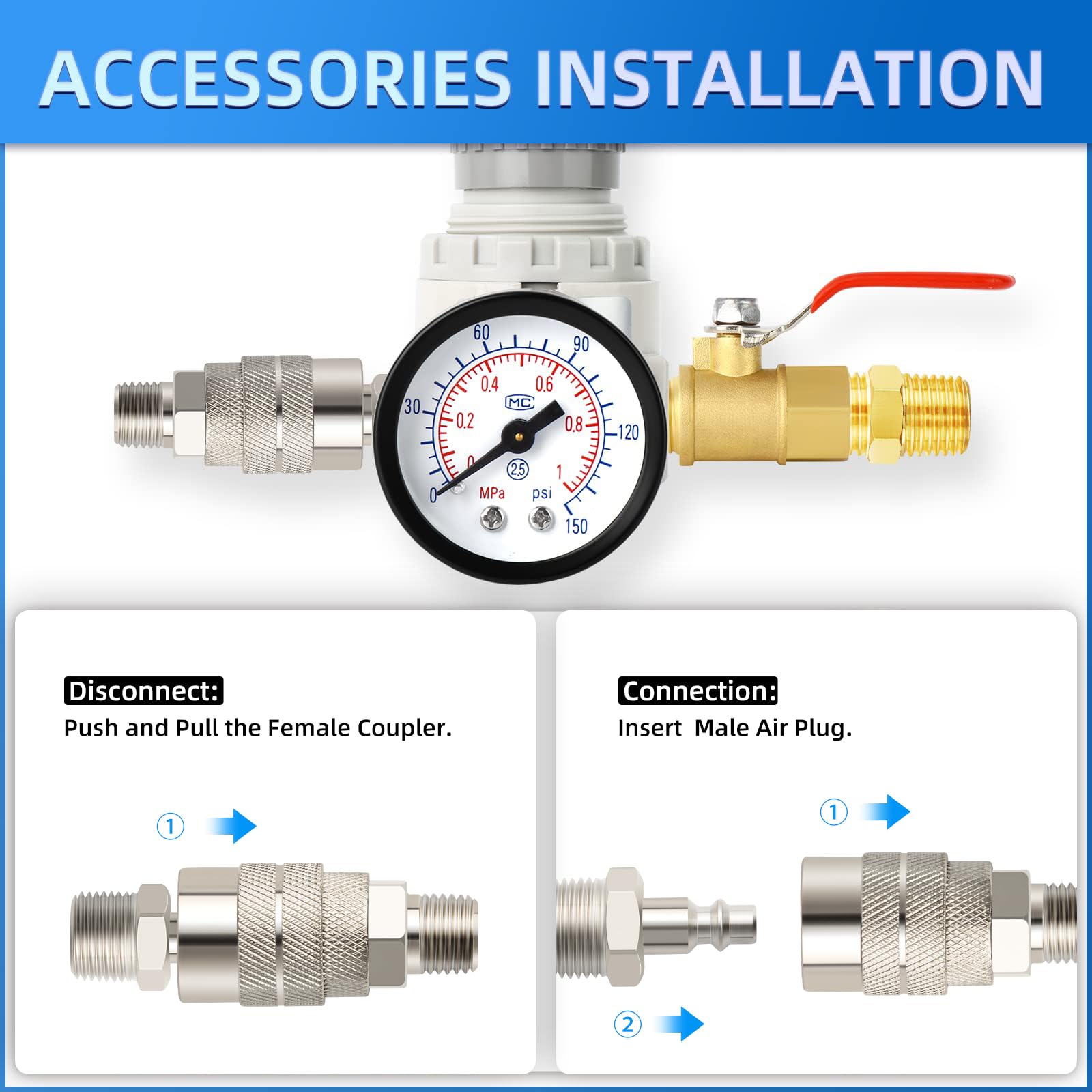Meanlin Measure 1/4 Inch Npt Air Compressor Regulator With Gauge, 0 150 Psi Ar2000 Air Gauge Regulator Inline For Air Compressor