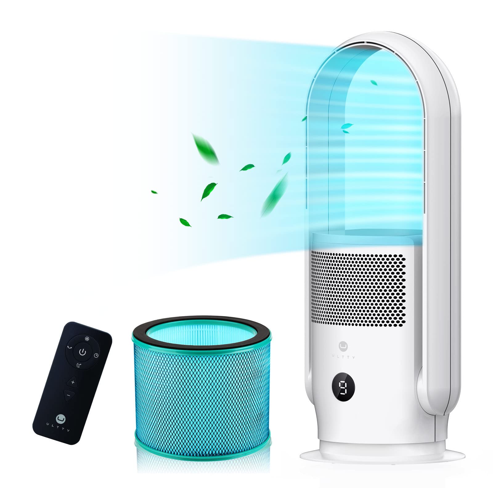 Ultty Bladeless Tower Fan With Air Purifier, 90 Oscillating Bladeless Fan With Remote, Touch, 8H Timer, Floor Fans For Bedroom W