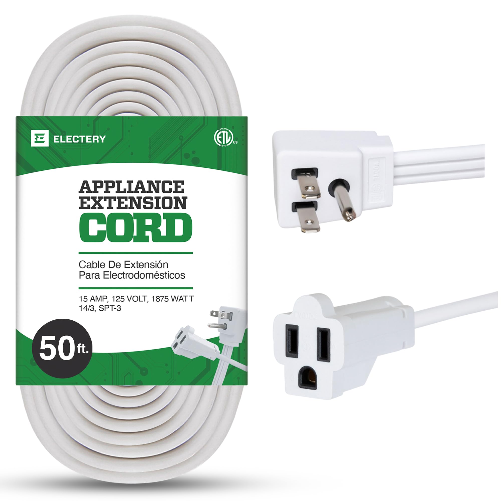 Heavy Duty Appliance Extension Cord, 14 Awg   3 Prong Grounded Flat Plug, White Power Wire For Indoor Air Conditioner And All Ma