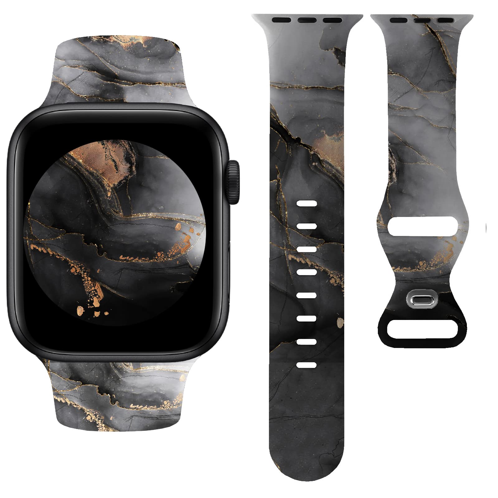 Sport Bands Compatible With Apple Watch Band 38Mm 40Mm 41Mm Women Girls,Black Gold Grey Marble Design Watch Band Silicone Wristb