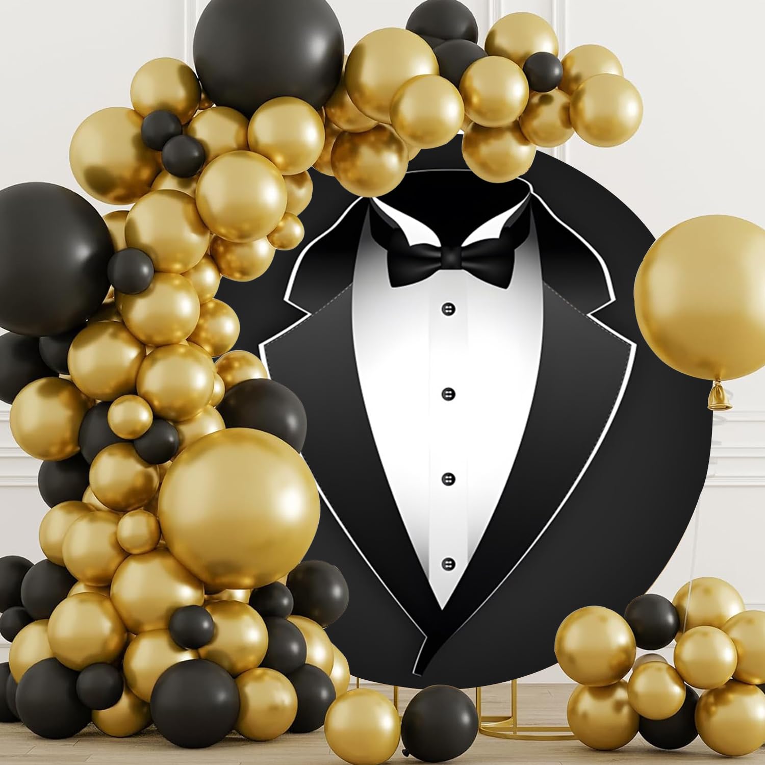 Yongfoto Gentleman Black Tuxedo Round Backdrop Cover 7Ft Black White Bow Tie Suit Photography Background Boy Man Father Bridegro