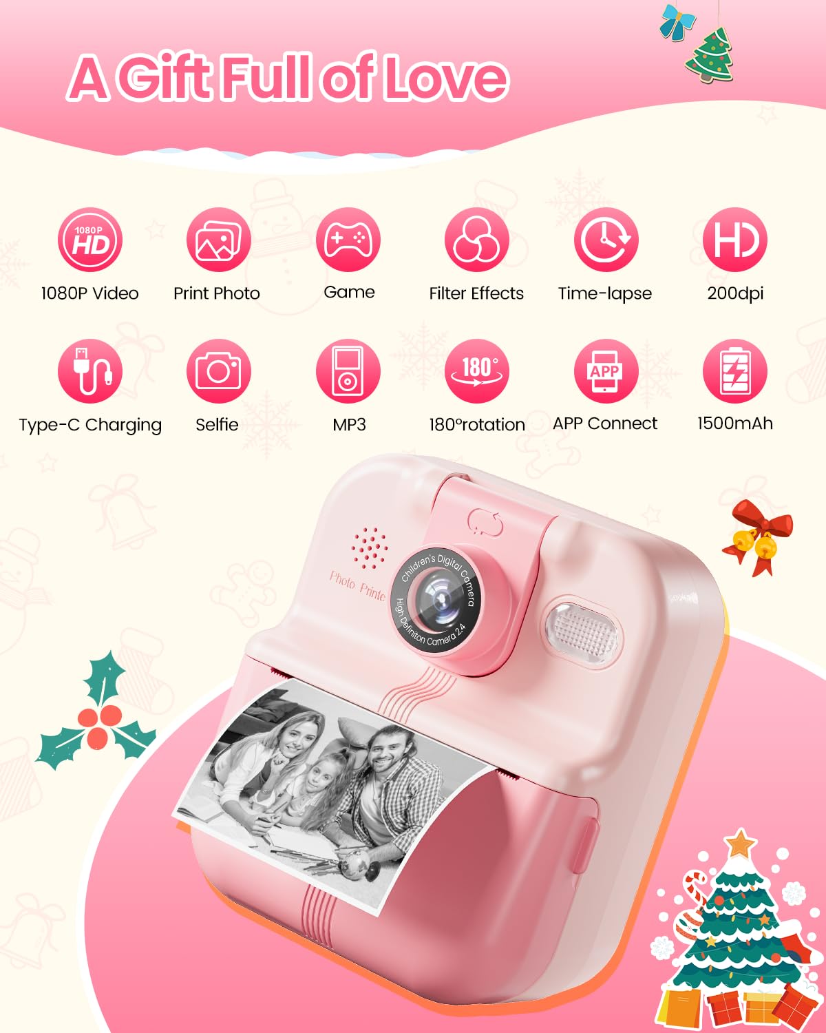 Bluetooth Kids Camera Instant Print, 1080P Mini Toddler Camera For Boys Girls, Portable Diy Instant Digital Camera For Kids, Coo
