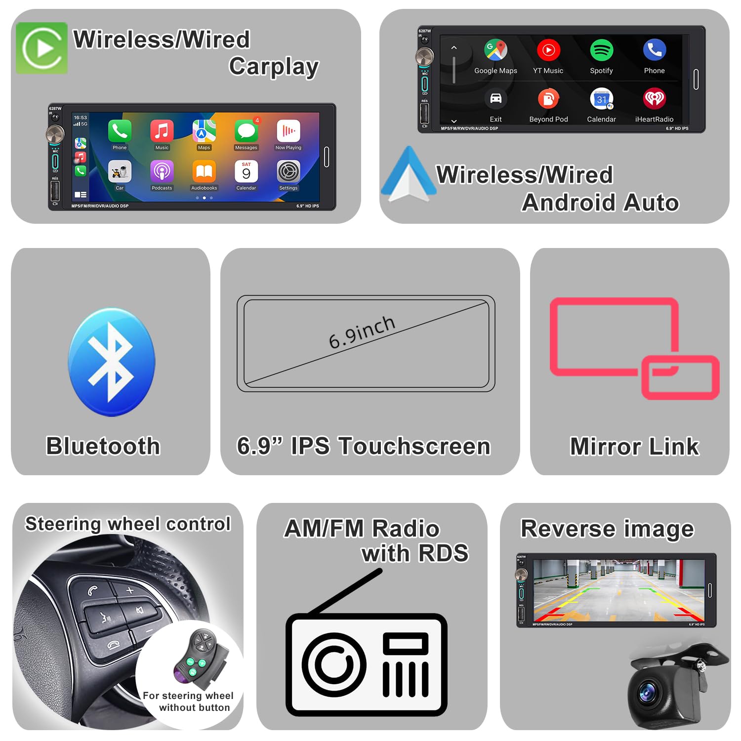 Alondy Single Din Car Touchscreen Radio (6.9-Inch) Compatible With [Wireless] Apple Carplay Android Auto Car Stereo Bluetooth Us