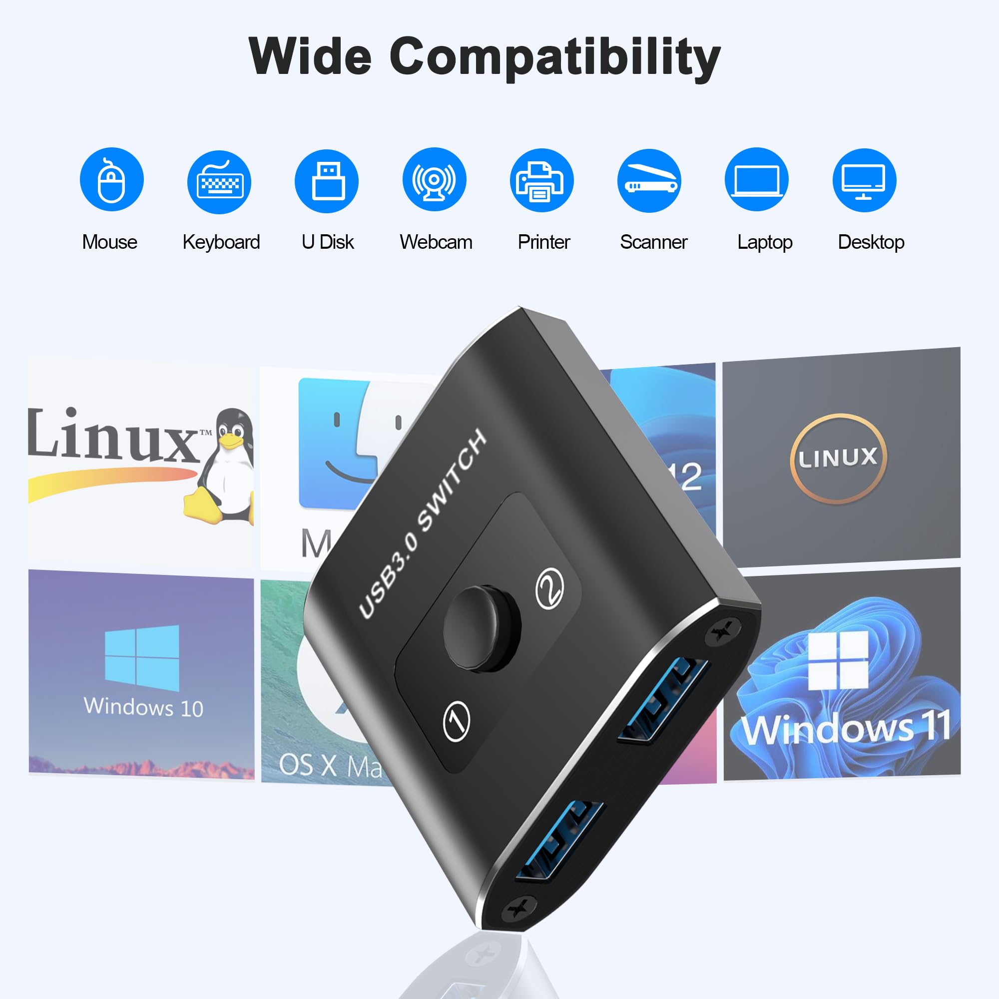 Usb 3.0 Switch Selector, Bi Directional Usb Switch 1 In 2 Out / 2 In 1 Out, Usb Switcher 2 Computers Share 1 Usb Devices For Pri