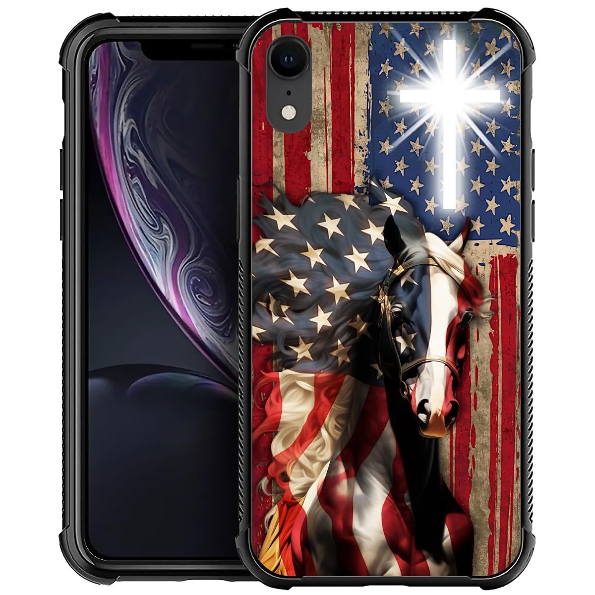 Fkbrcl4U For Iphone Xr Case, Red American Flag Horse Cross Pattern Graphic Design Girl Boy Soft Silicone Hard Acrylic Shock Prot