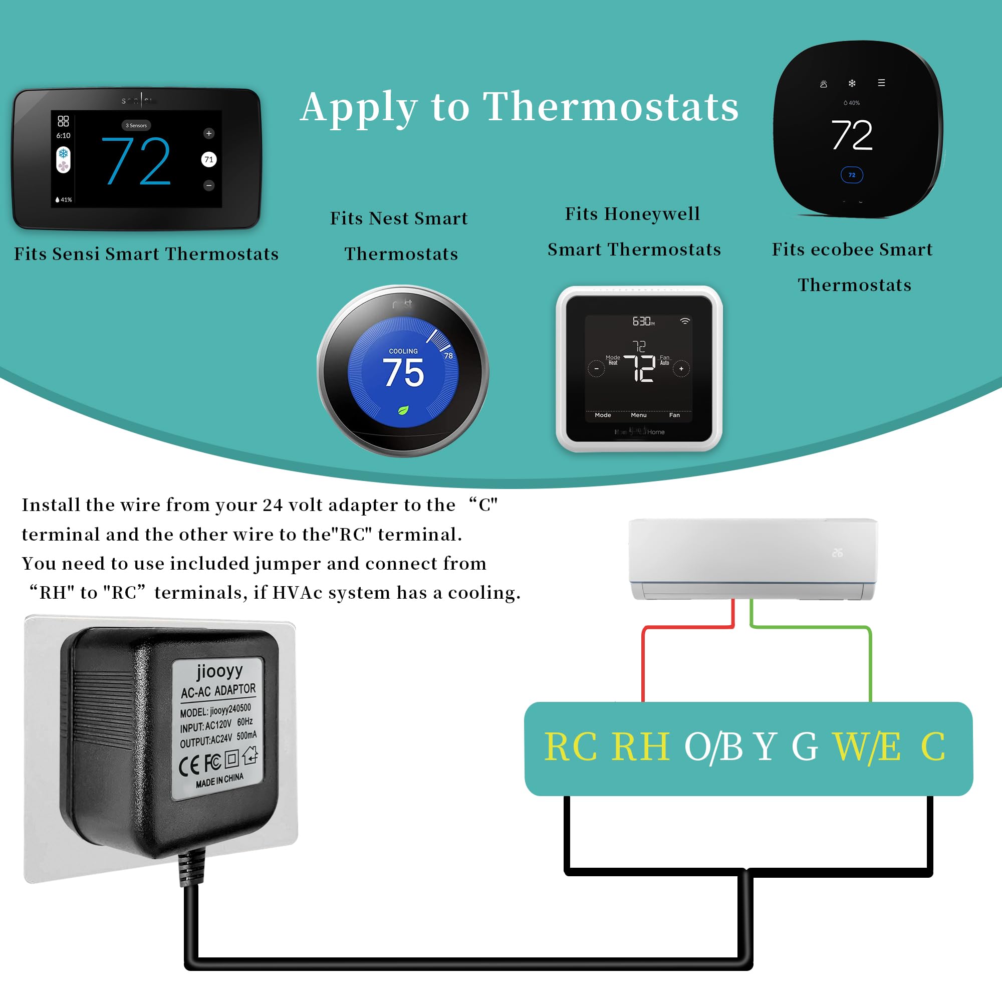 Jiooyy 24 Volt Doorbell Power Adapter   16.4Ft Long C Wire Adapter, Doorbell Transformer Fits Ring, Nest Hello, Wyze, Eufy Video