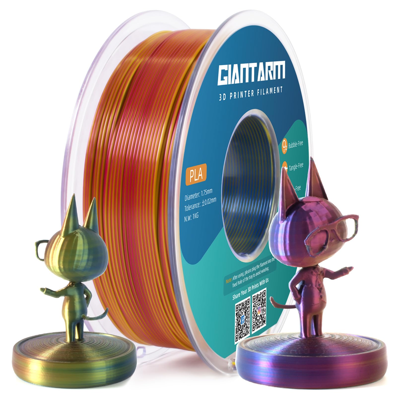 Giantarm Tri Colors Silk Pla Filament, 3D Printer Filament 1.75Mm +/ 0.02Mm, 1Kg (2.2Lbs) Spool, Vacuum Packaging (Red+Yellow+Bl