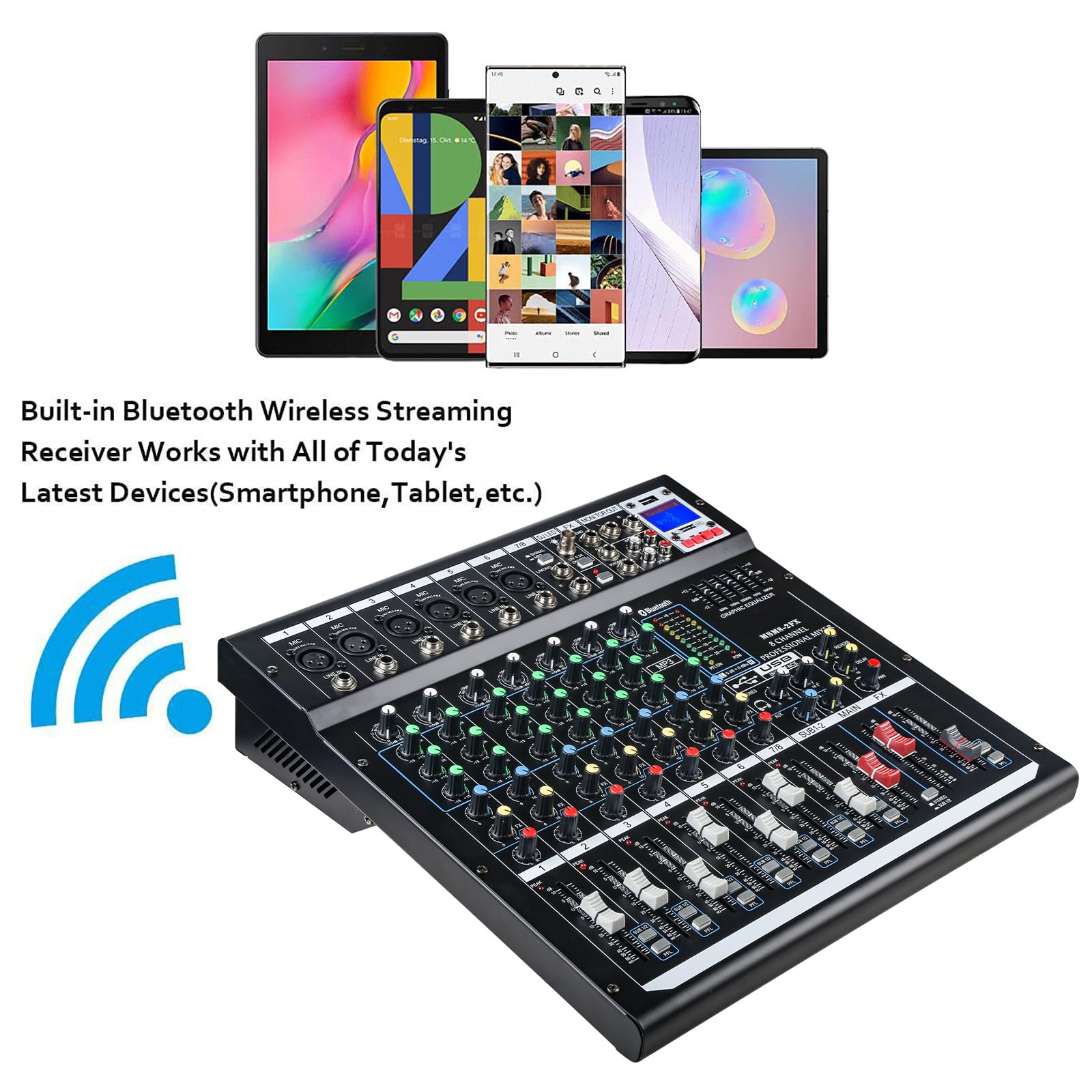 Dj Mixers 8 Channel Audio Mixer Sound Board With Bluetooth, Usb Audio Interface With 48V Phantom Power Sounds Mixer Board With F